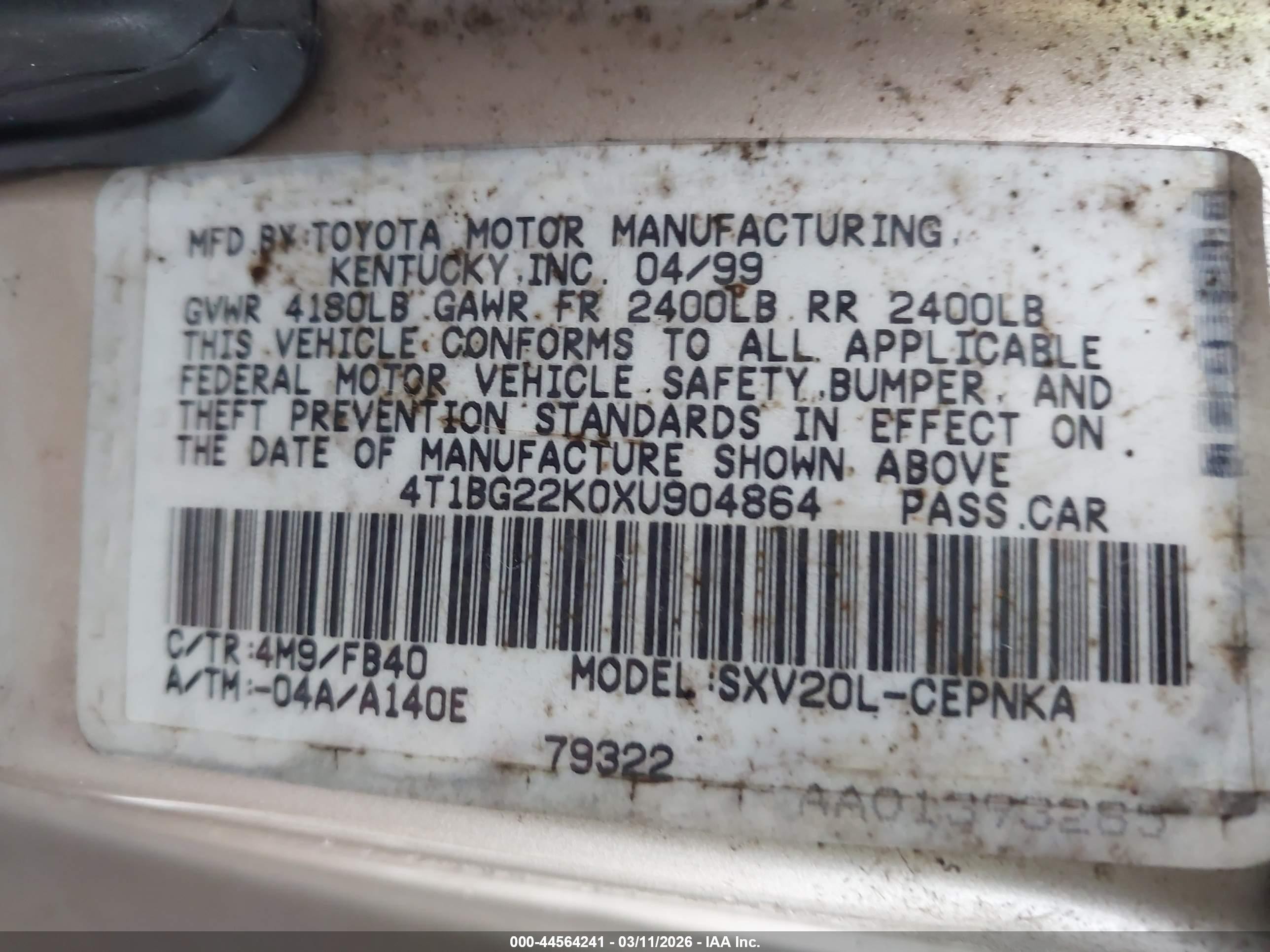 1999 Toyota Camry Le Tan vin: 4T1BG22K0XU904864