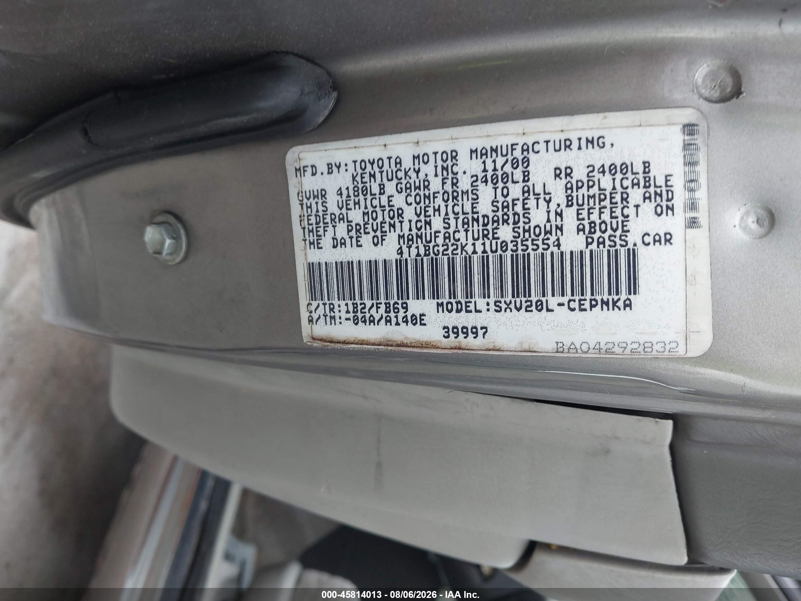 2001 Toyota Camry Ce/le/xle Beige vin: 4T1BG22K11U035554