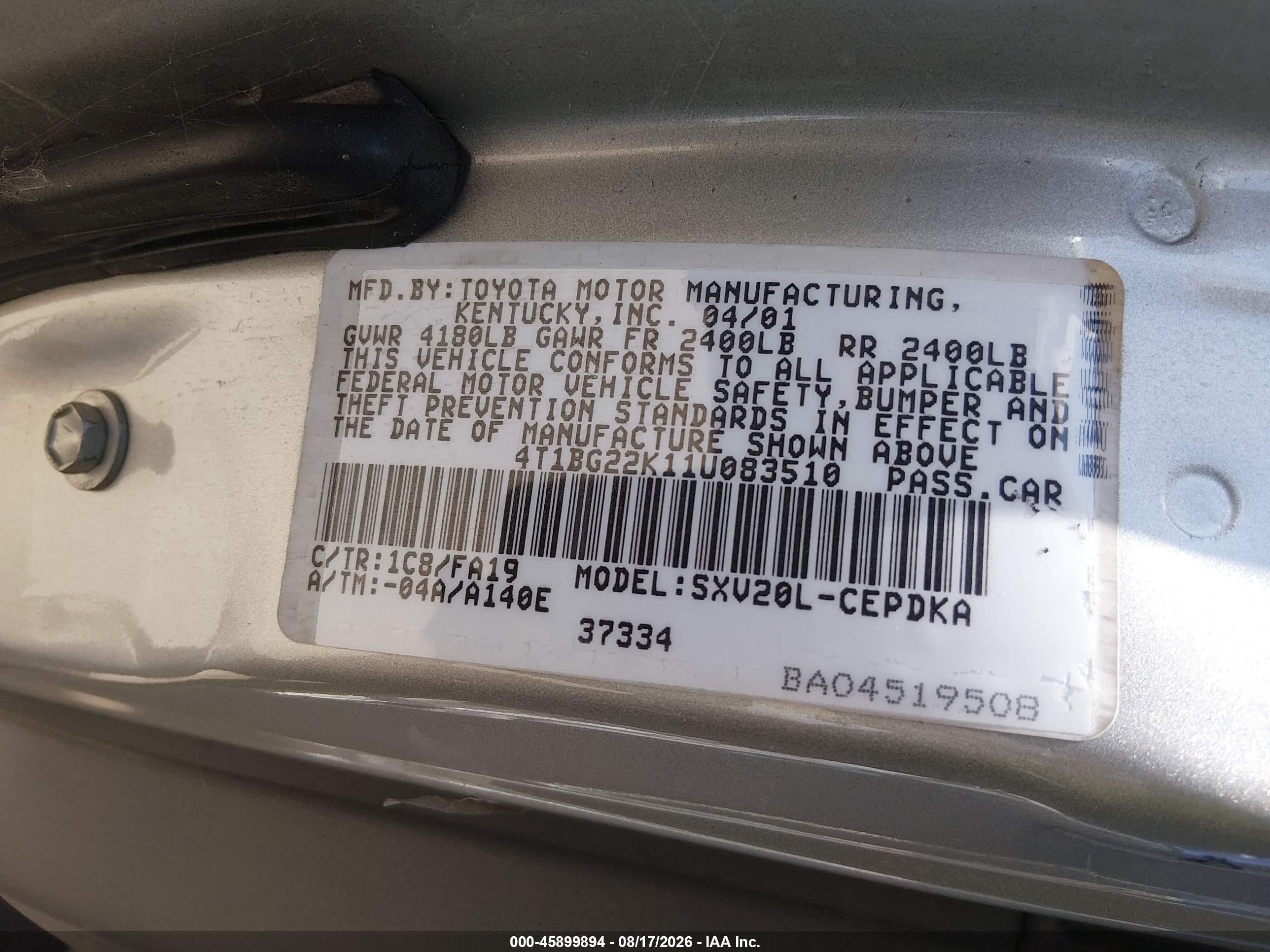 2001 Toyota Camry Ce Серебряный vin: 4T1BG22K11U083510