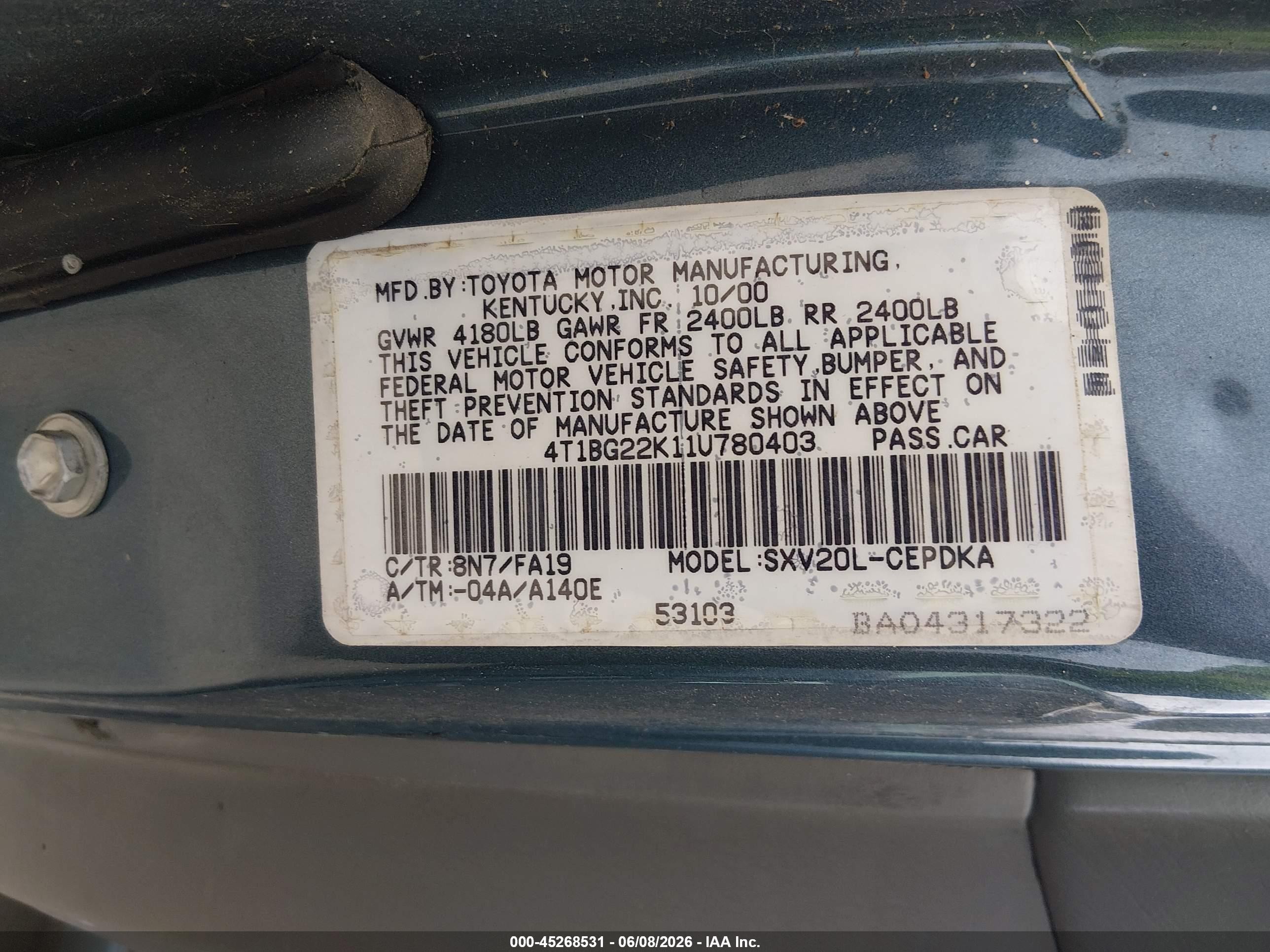 2001 Toyota Camry Ce Blue vin: 4T1BG22K11U780403