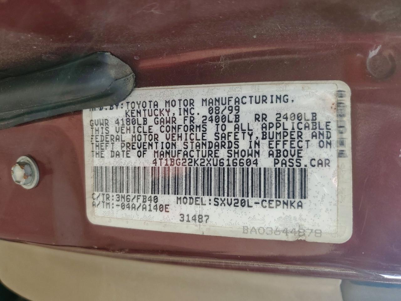 1999 Toyota Camry Le Бордовый vin: 4T1BG22K2XU616604