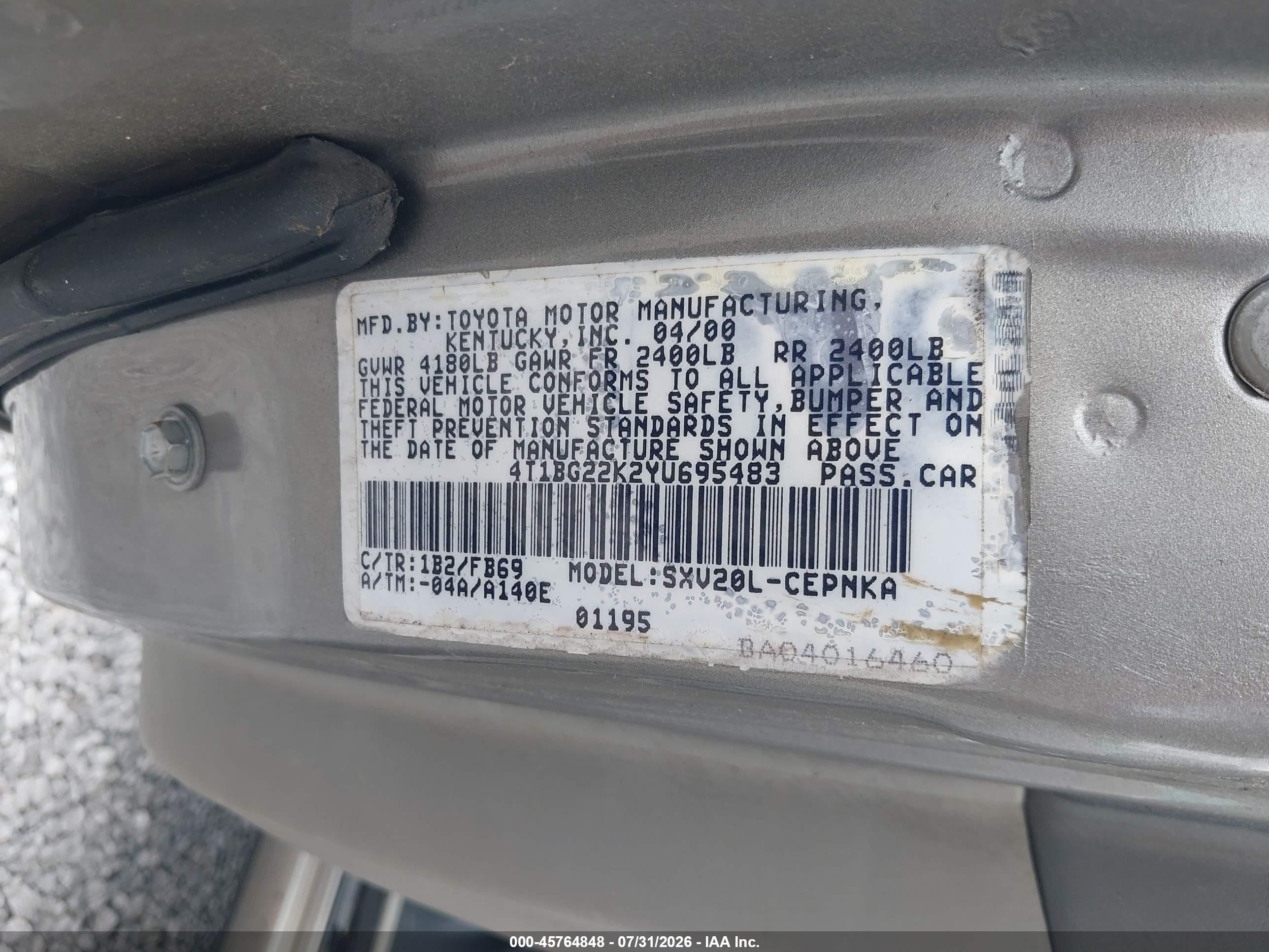 2000 Toyota Camry Le Gray vin: 4T1BG22K2YU695483
