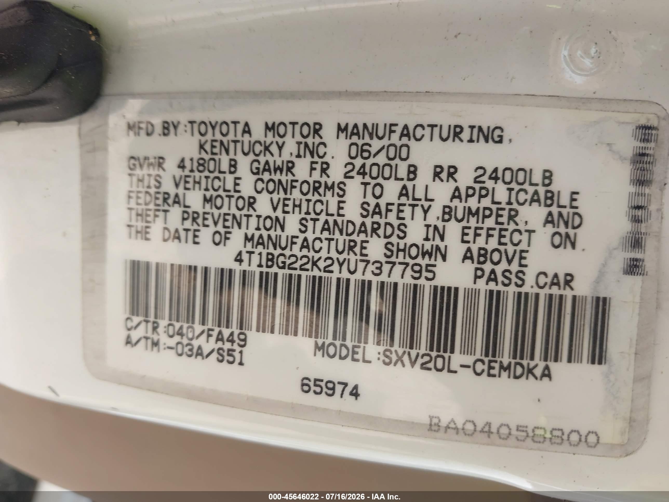 2000 Toyota Camry Ce White vin: 4T1BG22K2YU737795