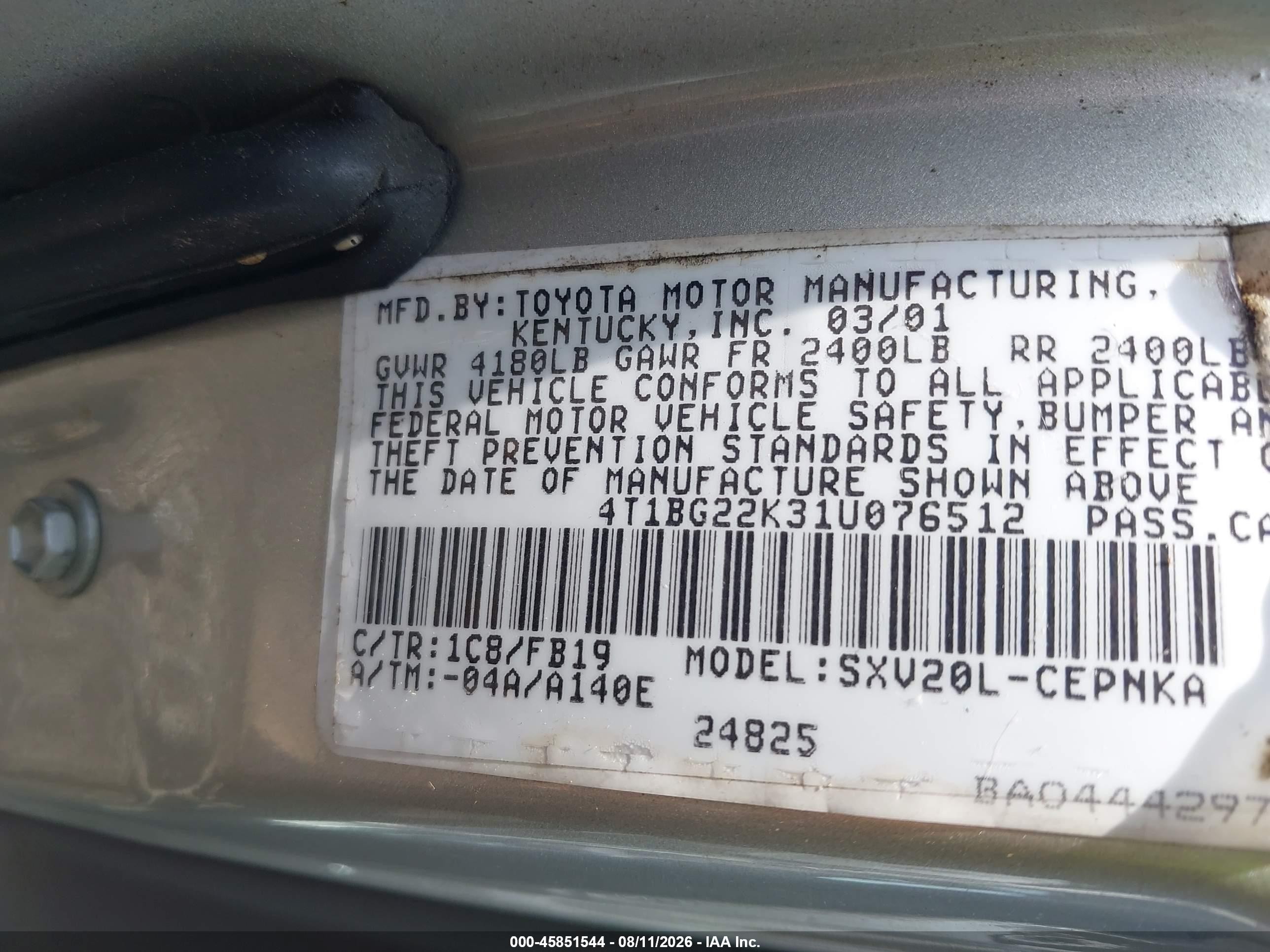2001 Toyota Camry Le Silver vin: 4T1BG22K31U076512