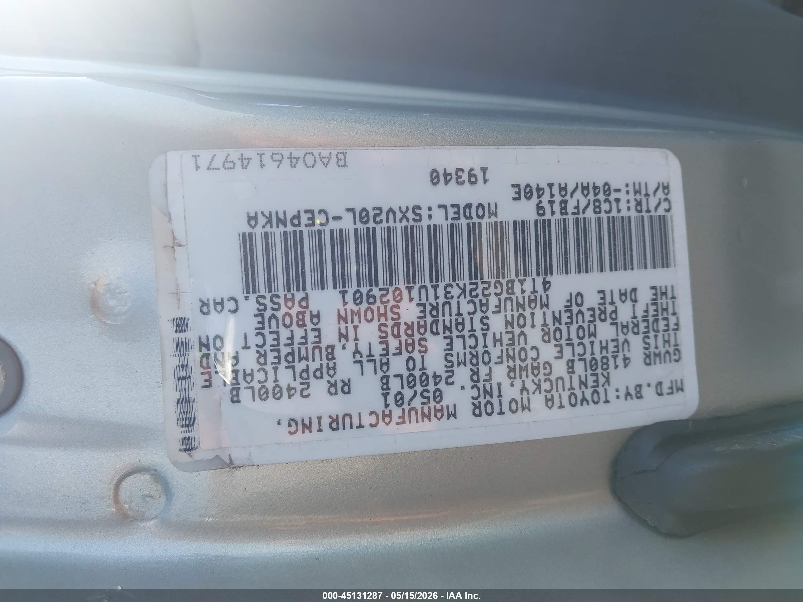 2001 Toyota Camry Le Серебряный vin: 4T1BG22K31U102901