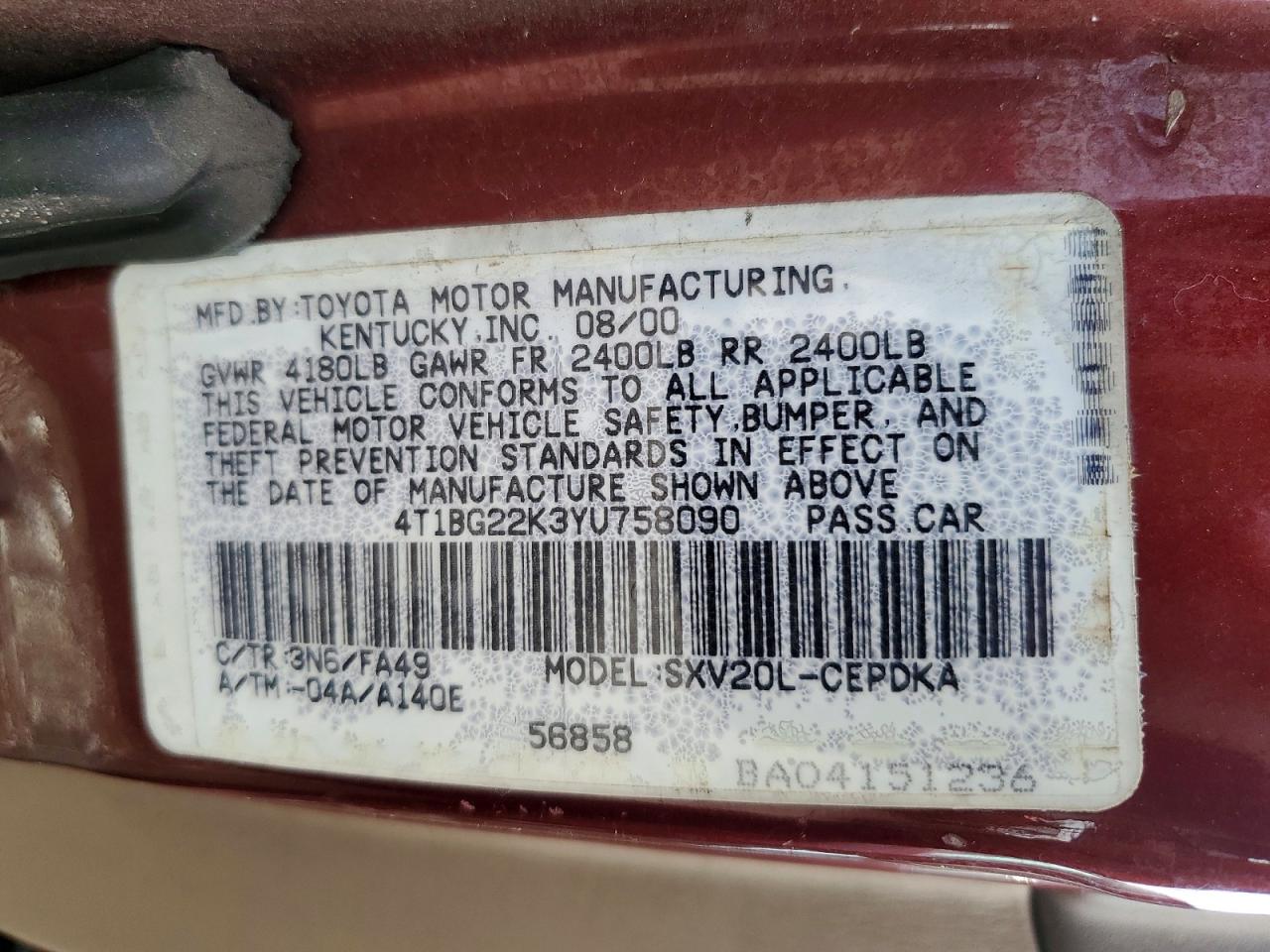 2000 Toyota Camry Ce/le/xle Burgundy vin: 4T1BG22K3YU758090