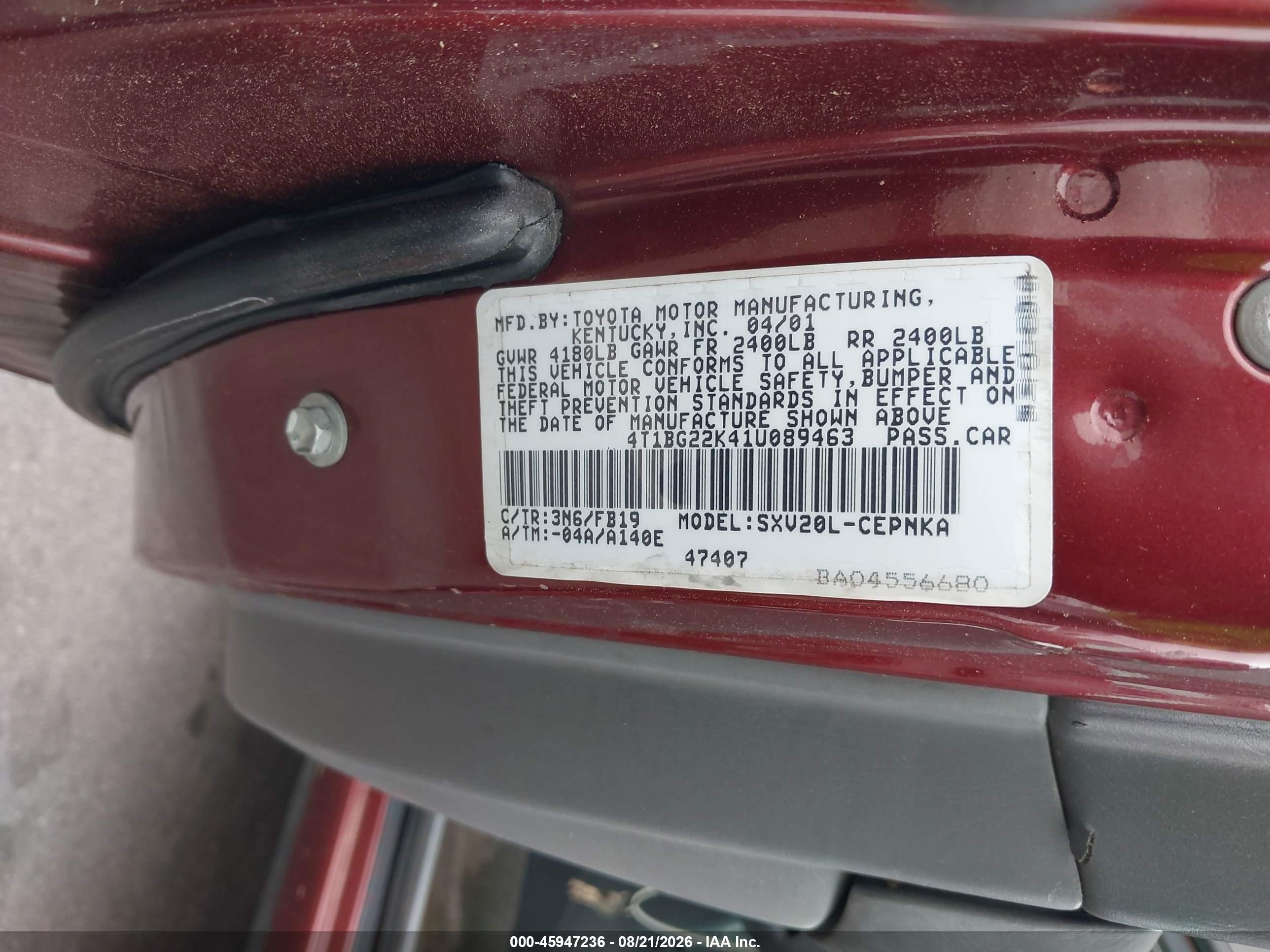 2001 Toyota Camry Le Maroon vin: 4T1BG22K41U089463