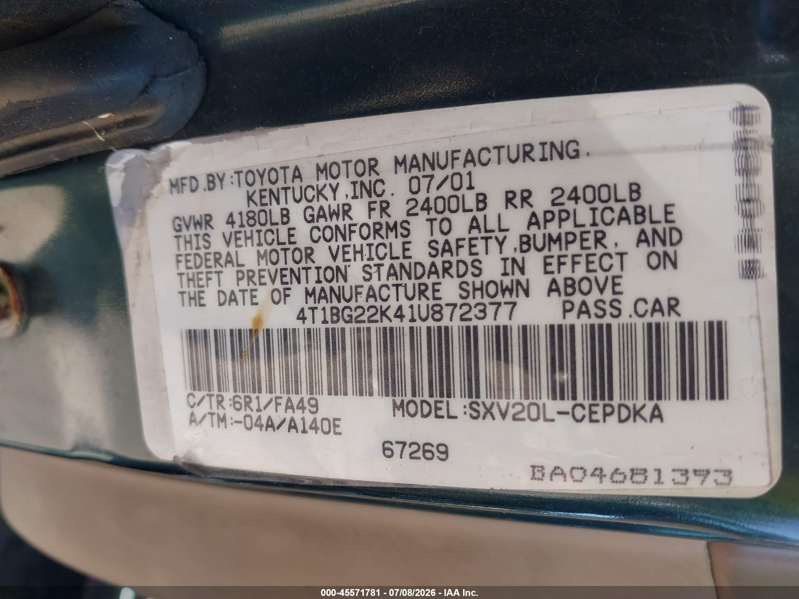 2001 Toyota Camry Ce Green vin: 4T1BG22K41U872377