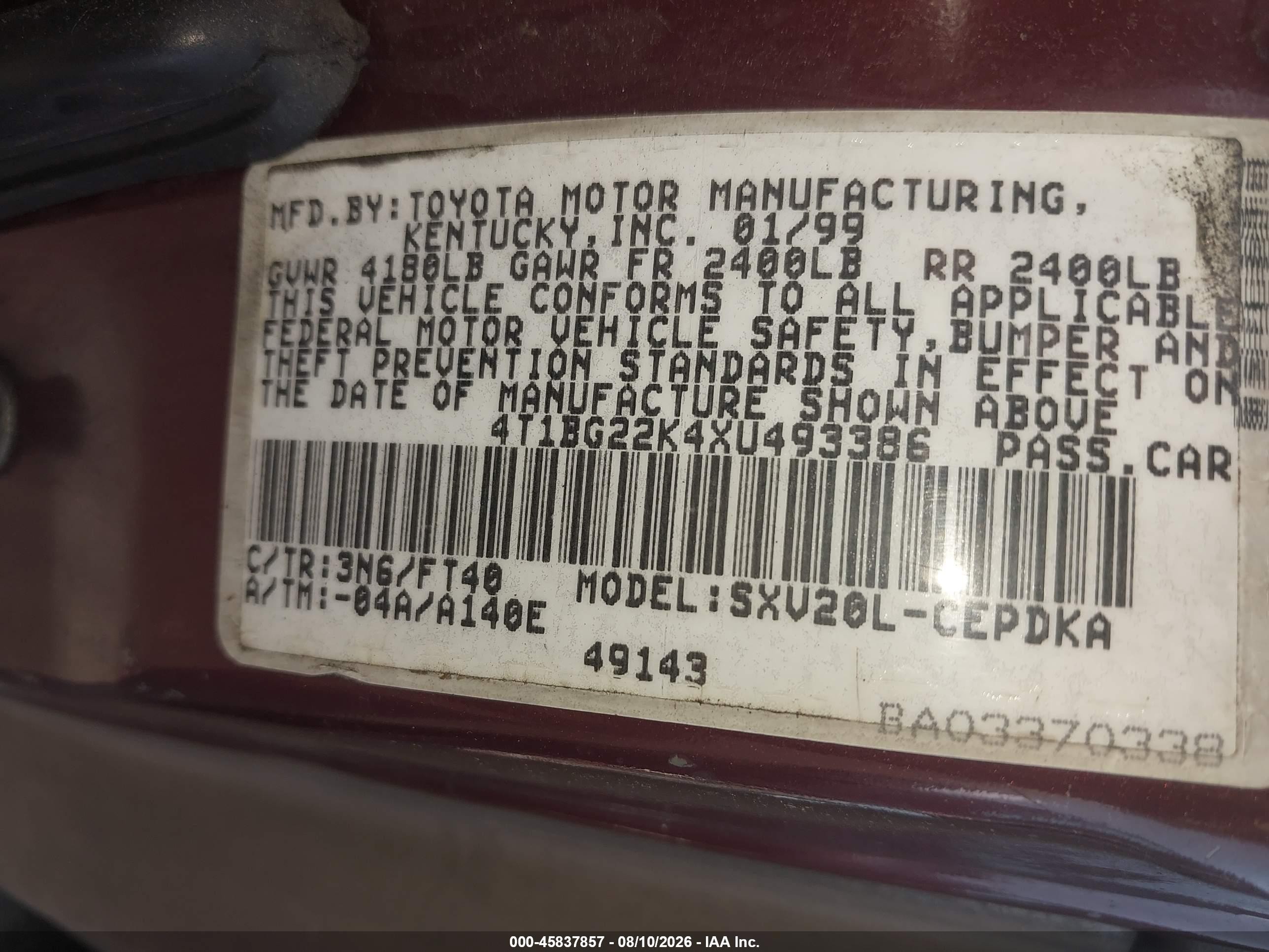1999 Toyota Camry Ce Burgundy vin: 4T1BG22K4XU493386