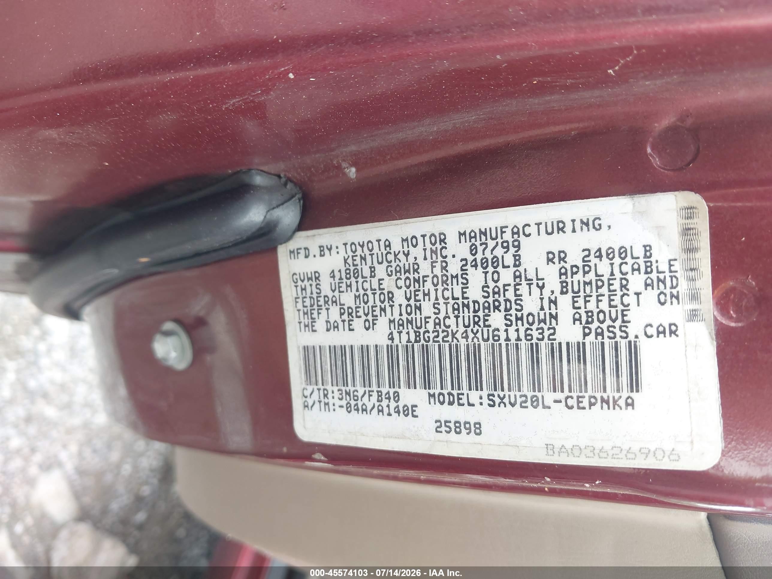 1999 Toyota Camry Le Burgundy vin: 4T1BG22K4XU611632