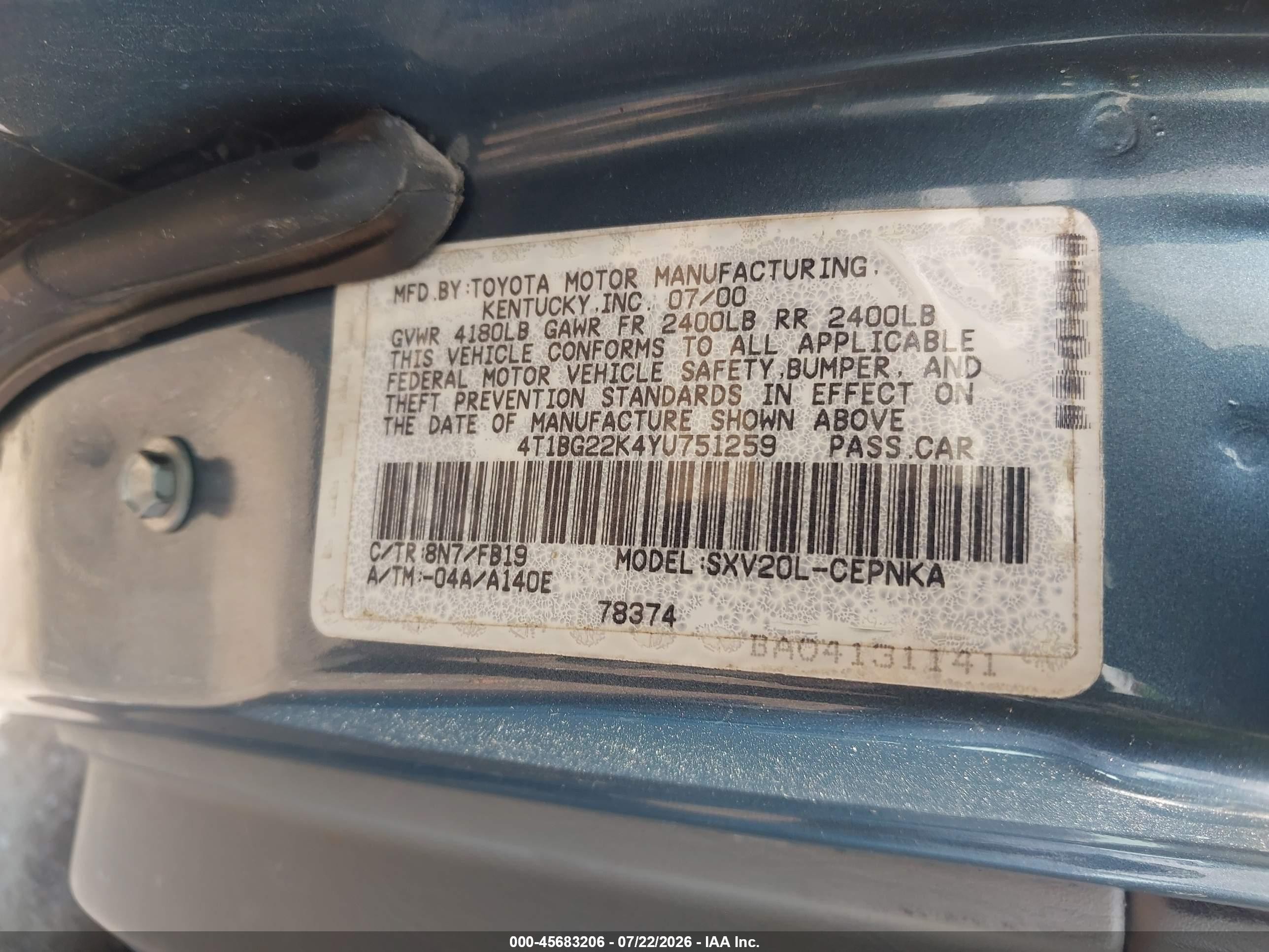 2000 Toyota Camry Le Синий vin: 4T1BG22K4YU751259