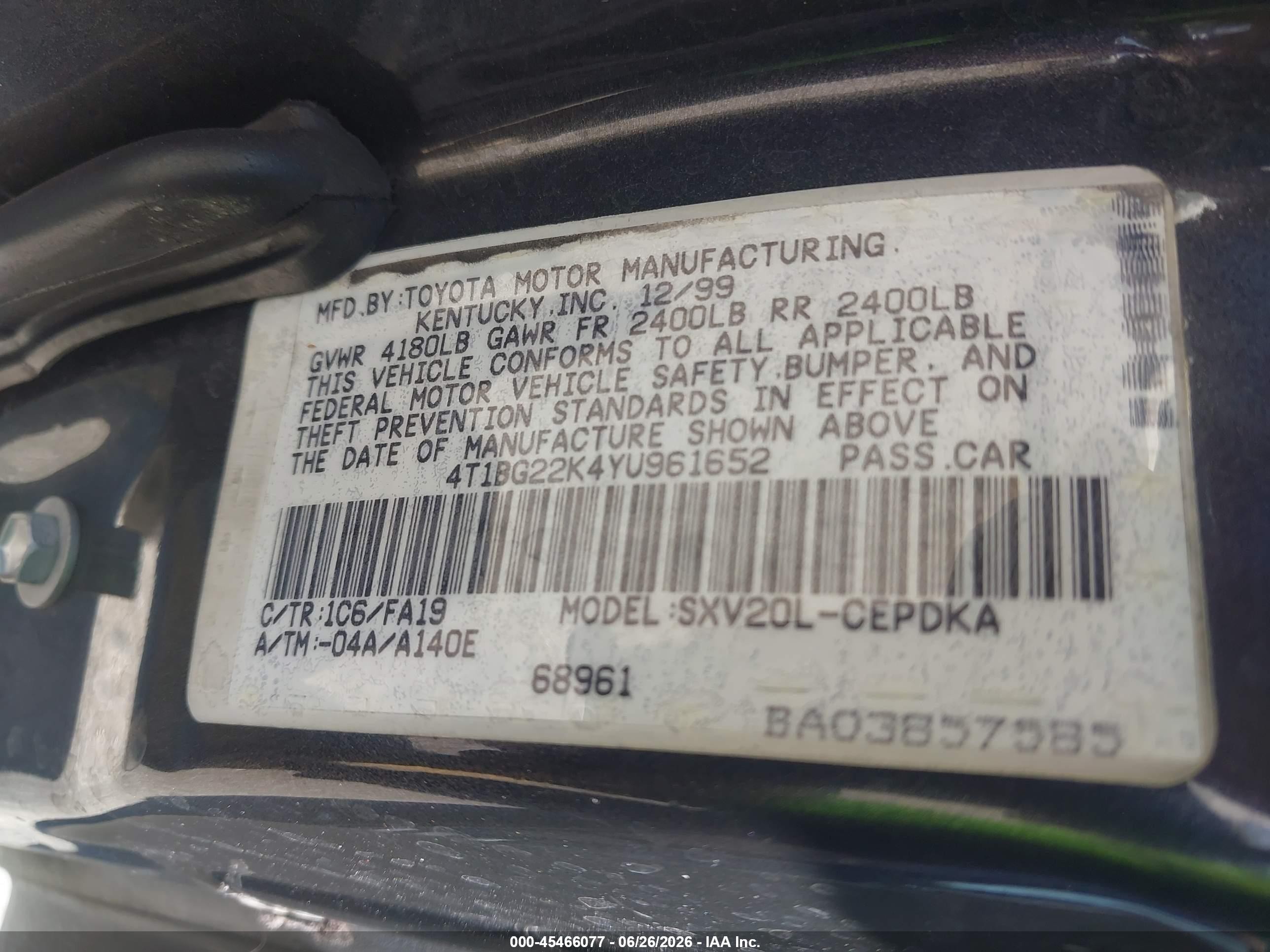 2000 Toyota Camry Ce Dark Blue vin: 4T1BG22K4YU961652