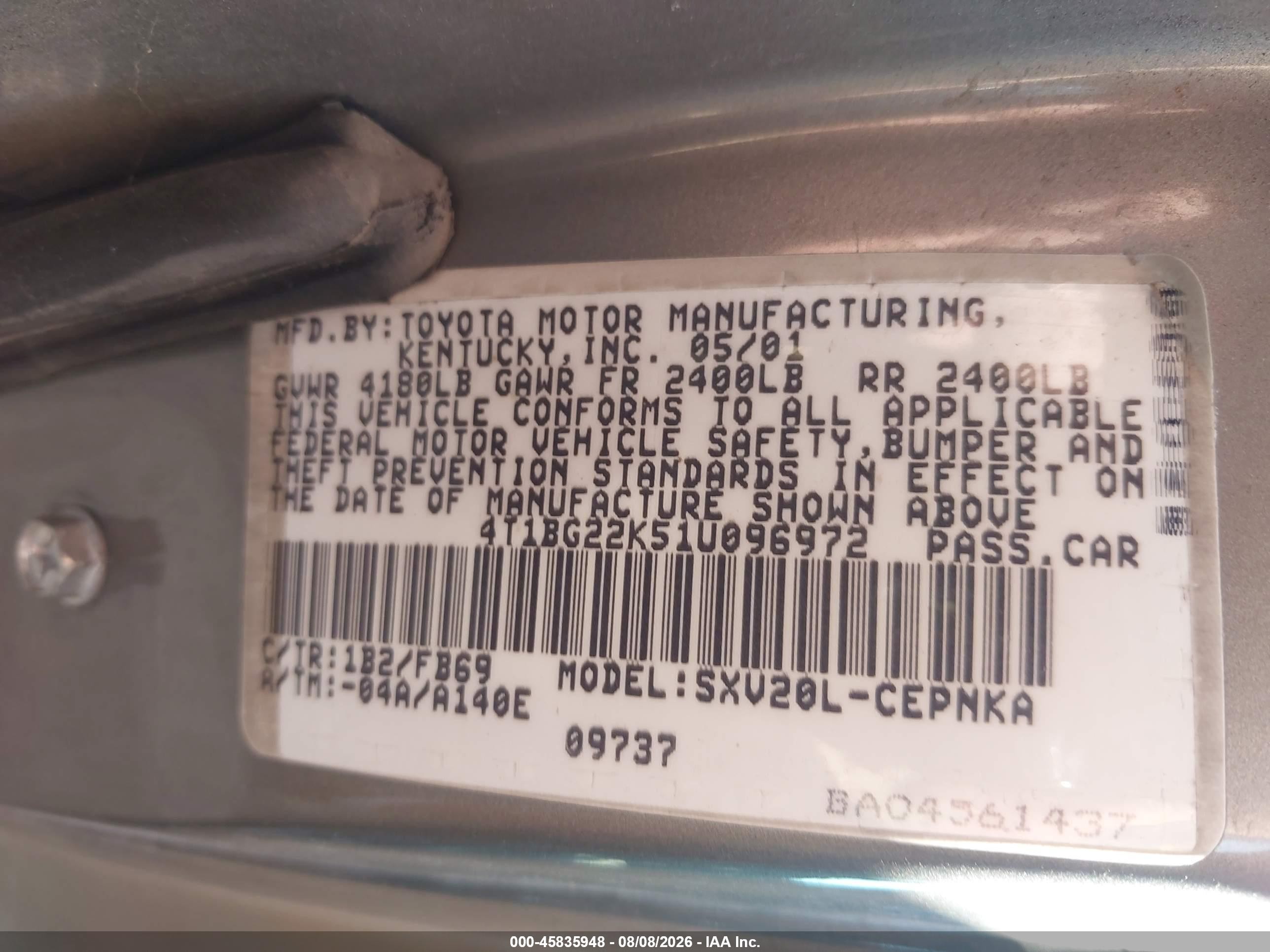 2001 Toyota Camry Le Champagne vin: 4T1BG22K51U096972