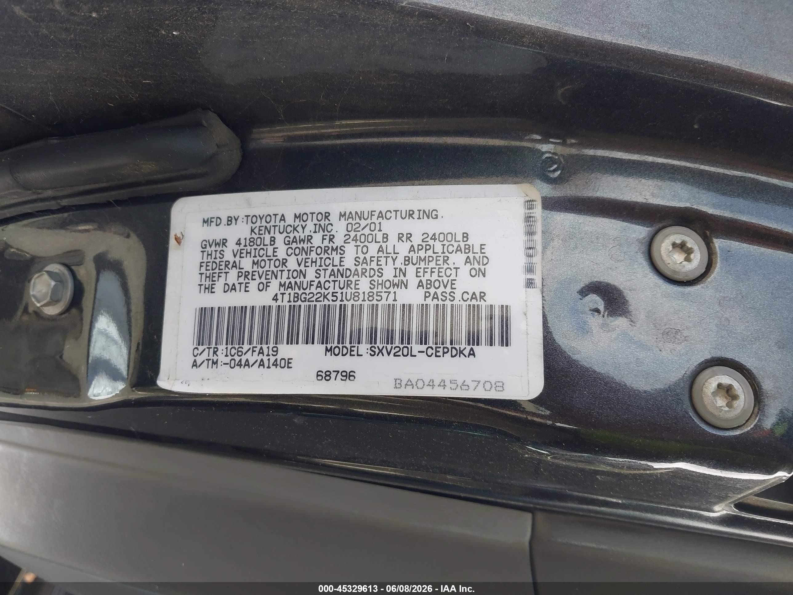 2001 Toyota Camry Ce Gray vin: 4T1BG22K51U818571