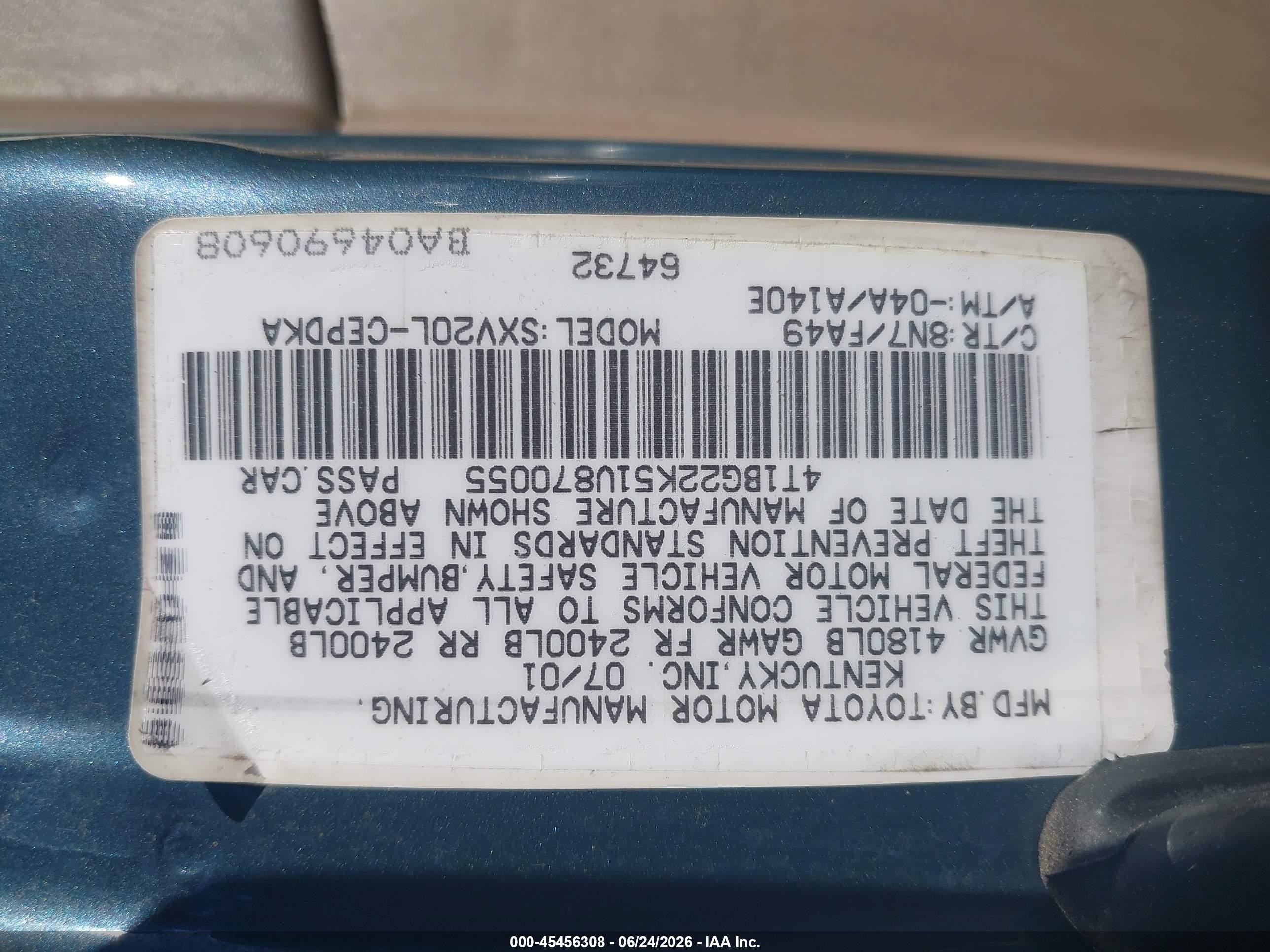 2001 Toyota Camry Ce Blue vin: 4T1BG22K51U870055