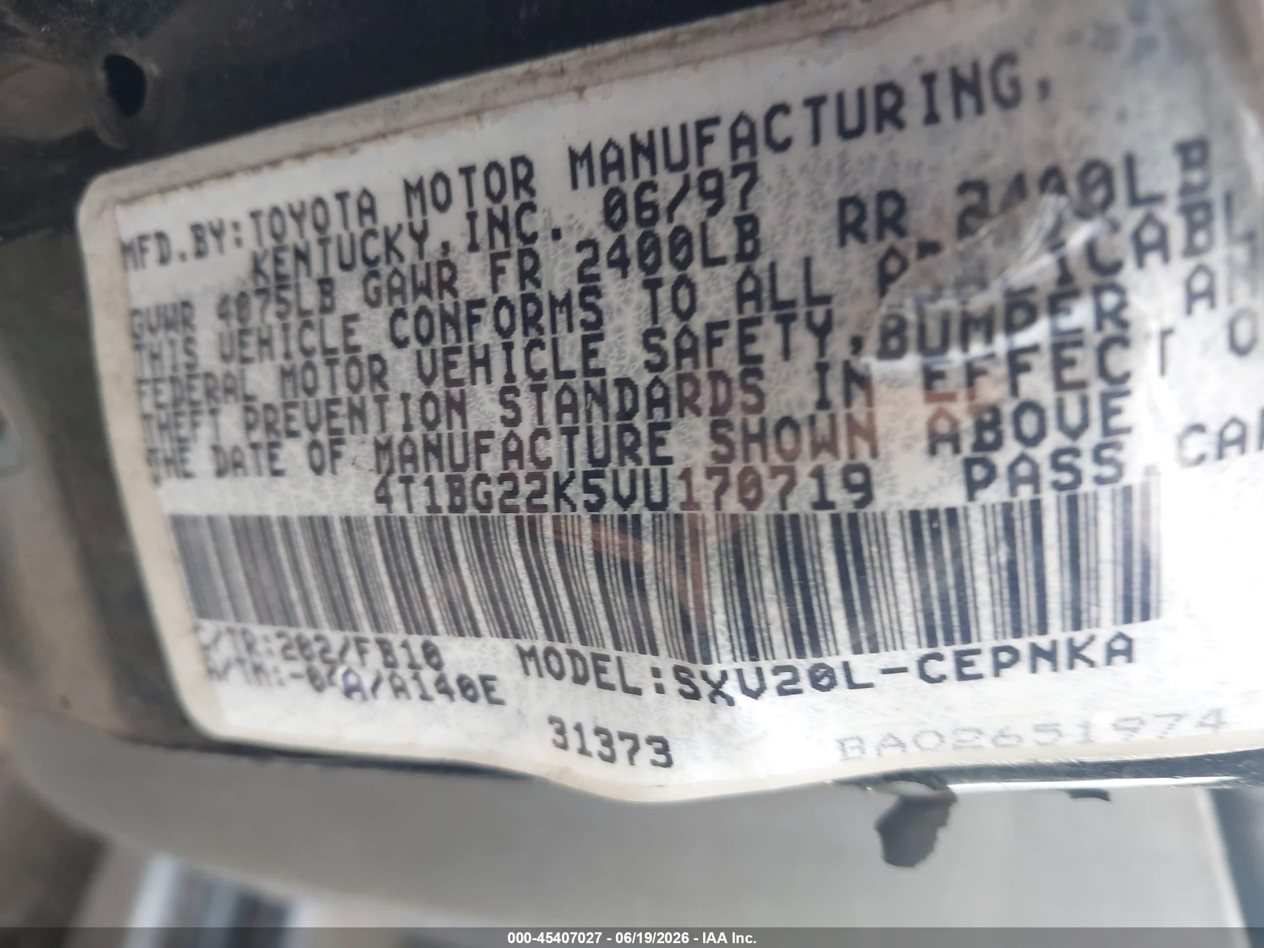 1997 Toyota Camry Le Black vin: 4T1BG22K5VU170719