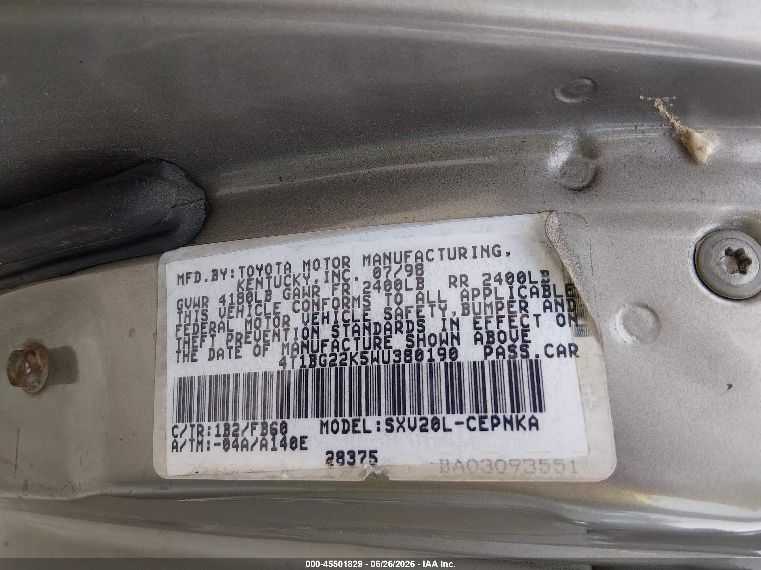1998 Toyota Camry Le Gray vin: 4T1BG22K5WU380190