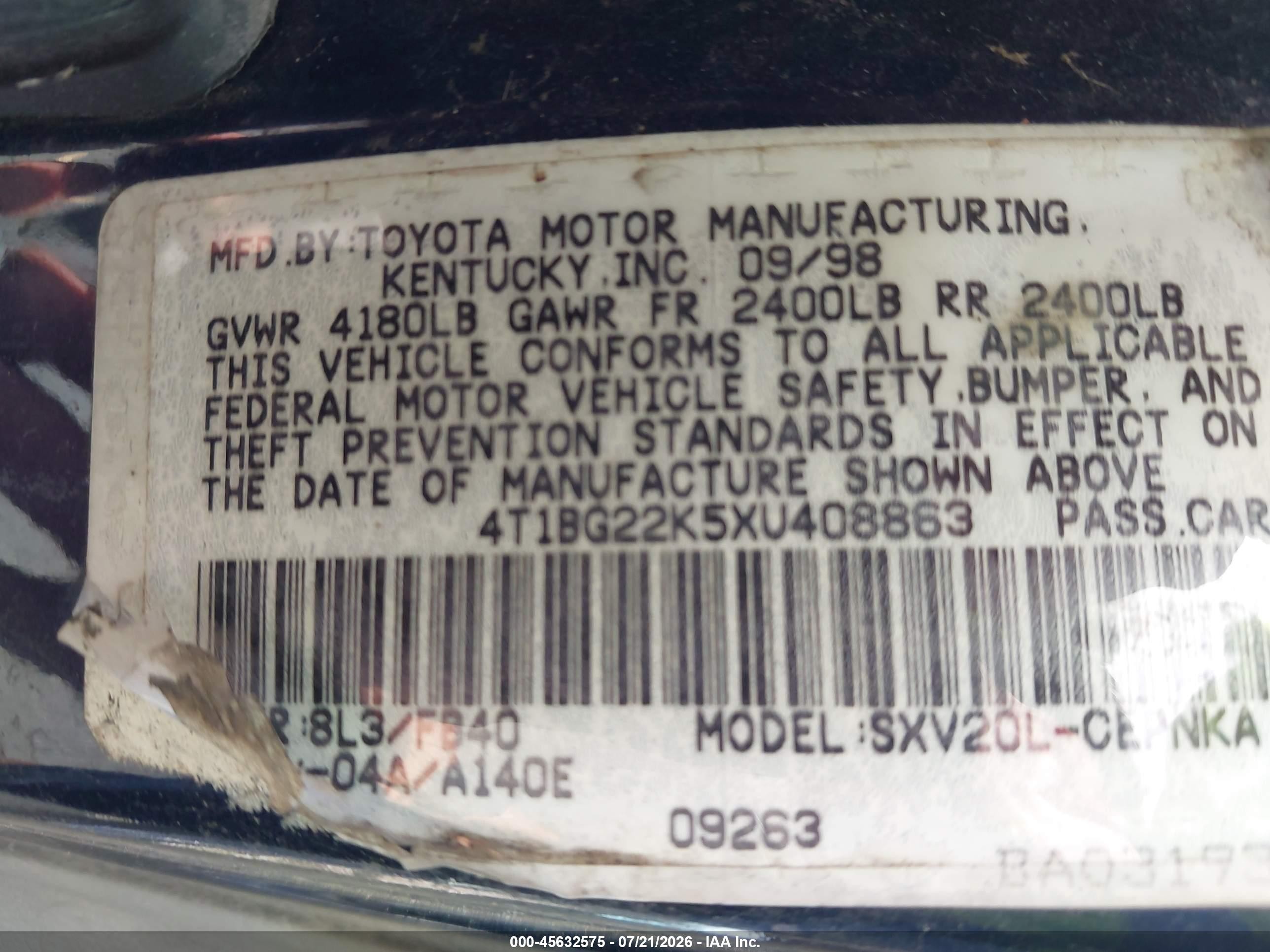 1999 Toyota Camry Le Dark Blue vin: 4T1BG22K5XU408863