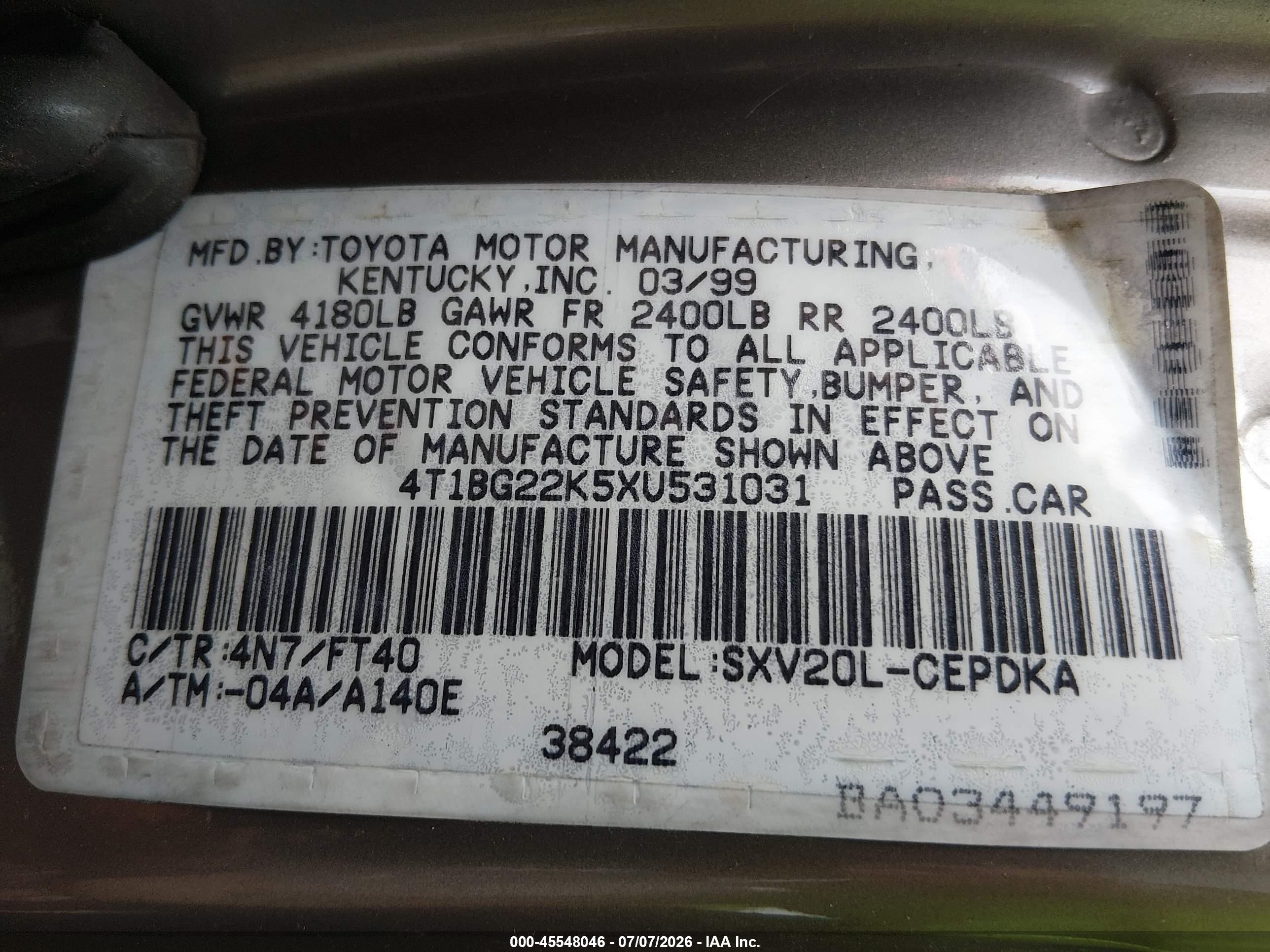 1999 Toyota Camry Ce Gold vin: 4T1BG22K5XU531031