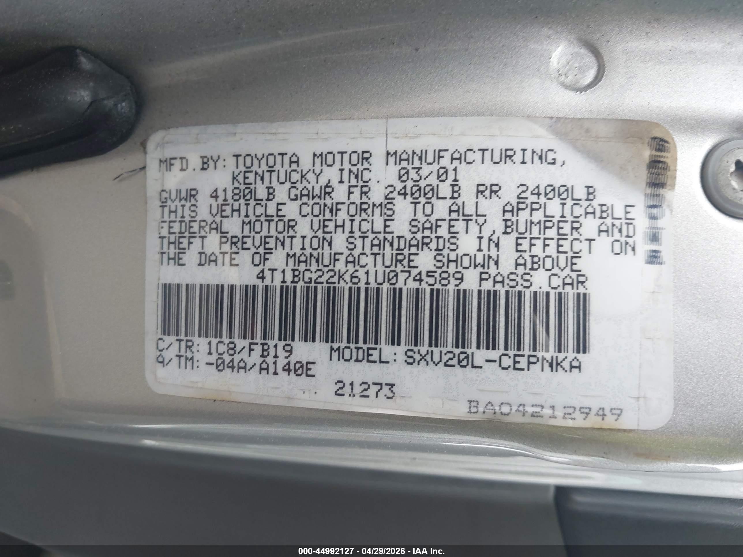 2001 Toyota Camry Ce/le/xle Silver vin: 4T1BG22K61U074589