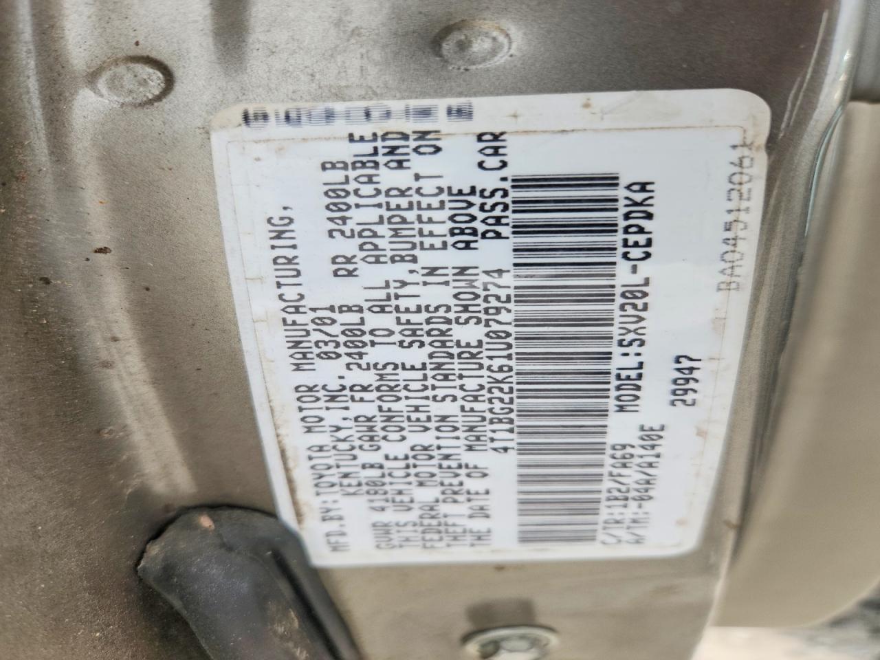 2001 Toyota Camry Ce Серый vin: 4T1BG22K61U079274