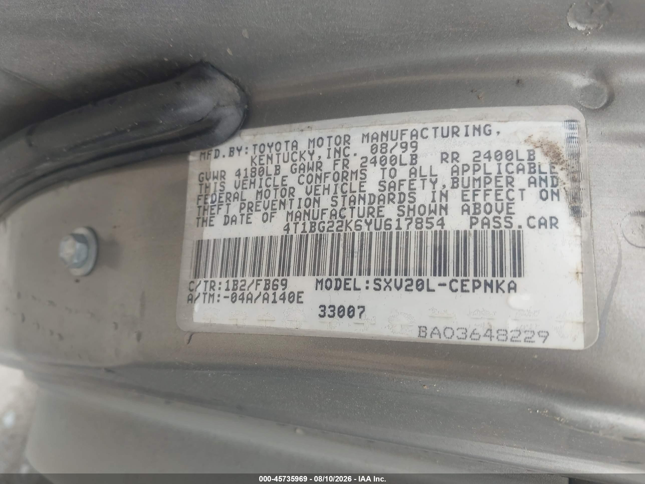 2000 Toyota Camry Le Gray vin: 4T1BG22K6YU617854