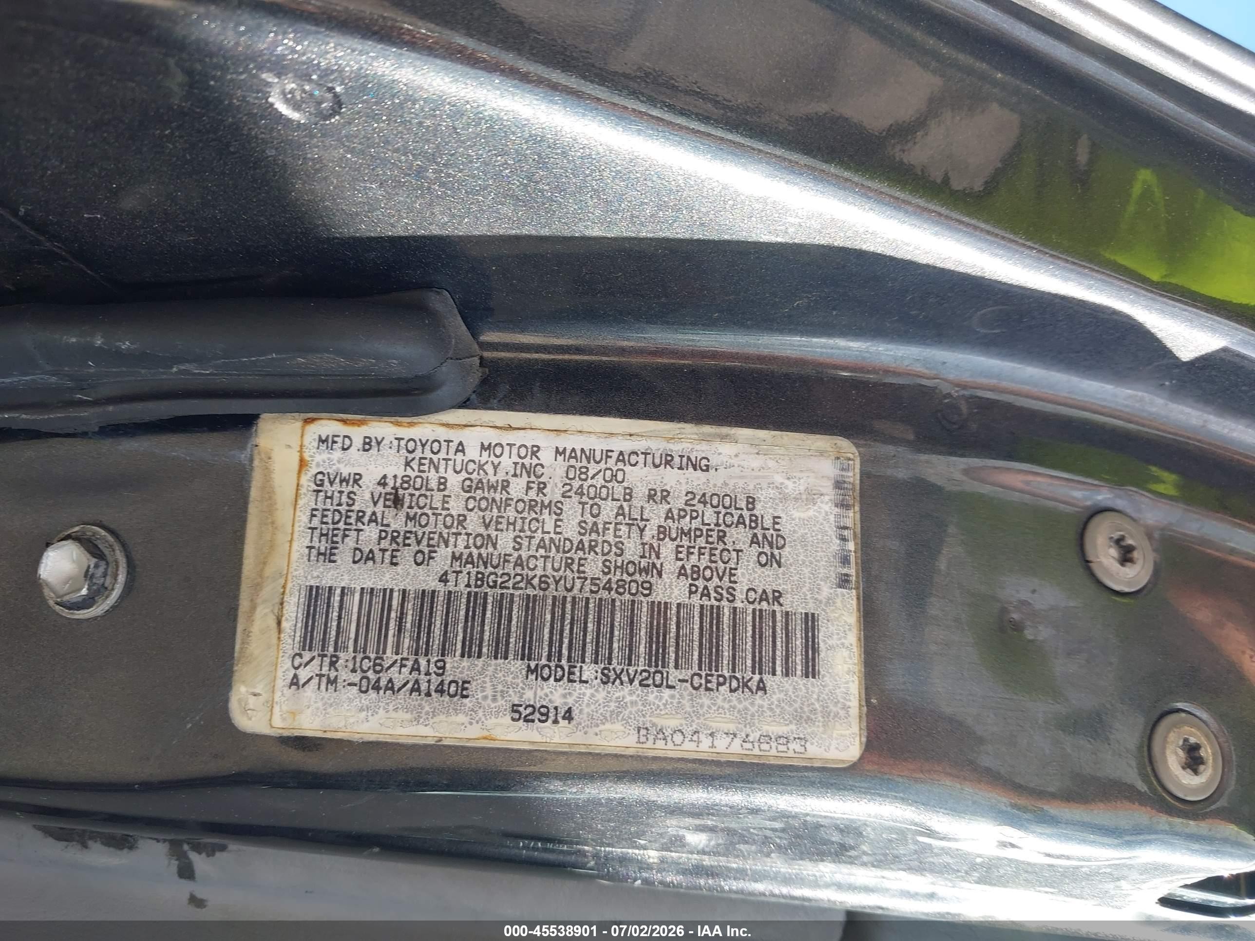 2000 Toyota Camry Ce Серый vin: 4T1BG22K6YU754809
