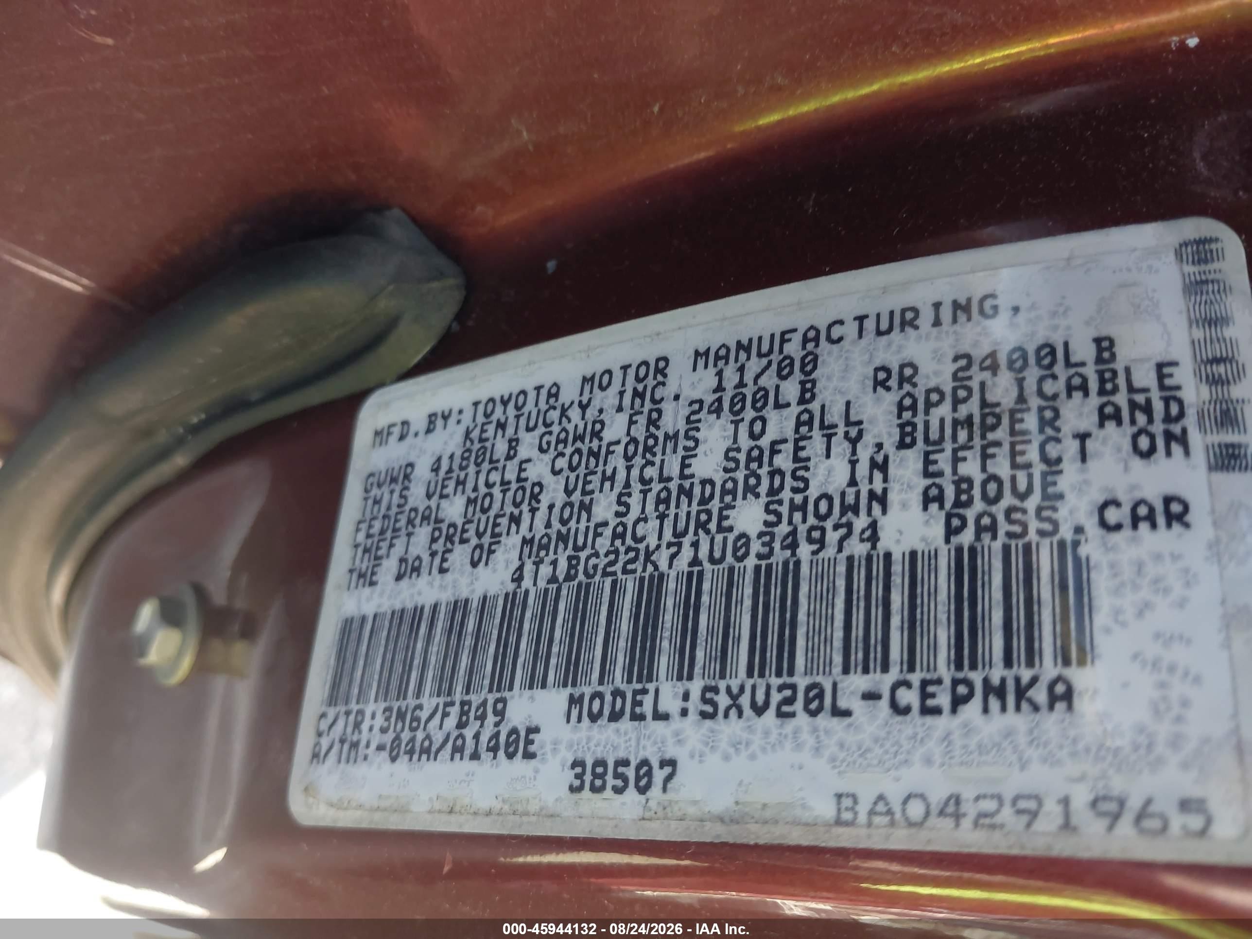 2001 Toyota Camry Le Красный vin: 4T1BG22K71U034974