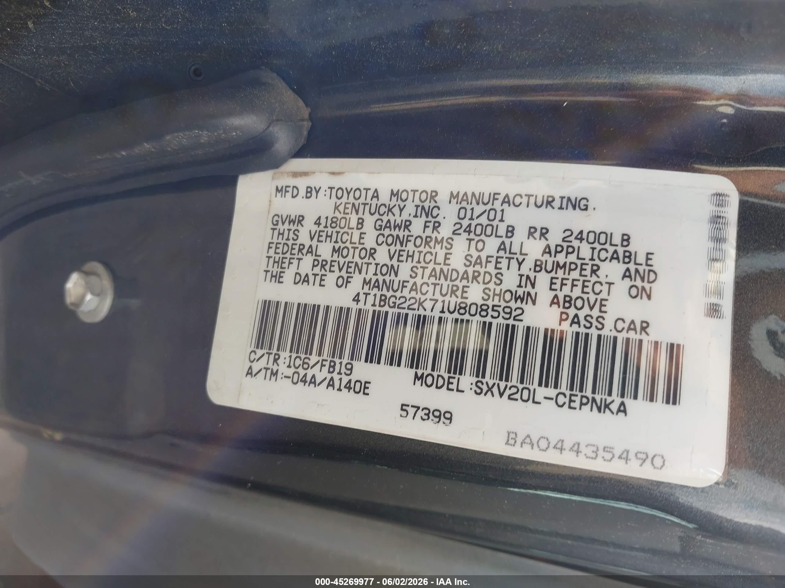 2001 Toyota Camry Le Серый vin: 4T1BG22K71U808592