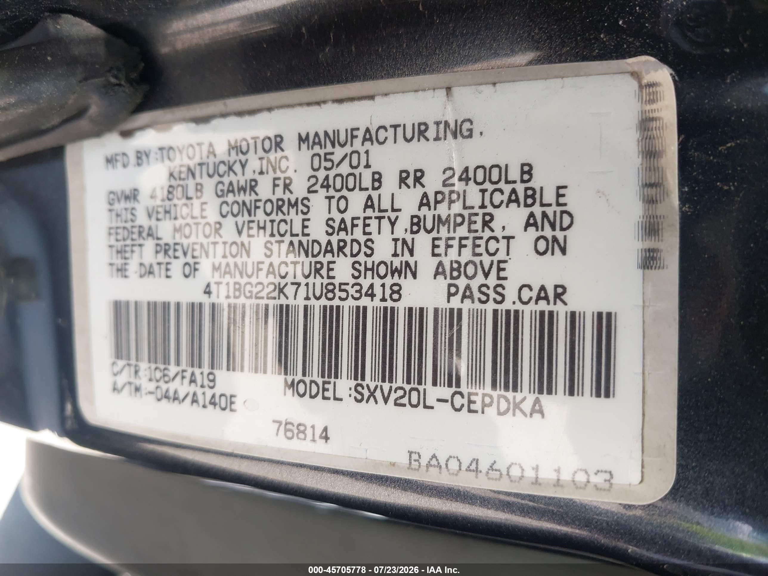 2001 Toyota Camry Ce Gray vin: 4T1BG22K71U853418
