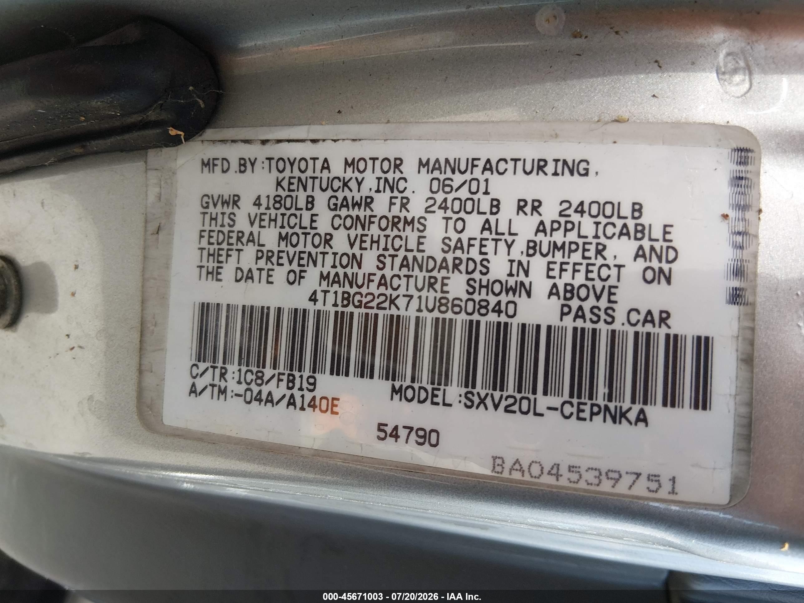 2001 Toyota Camry Le Gray vin: 4T1BG22K71U860840