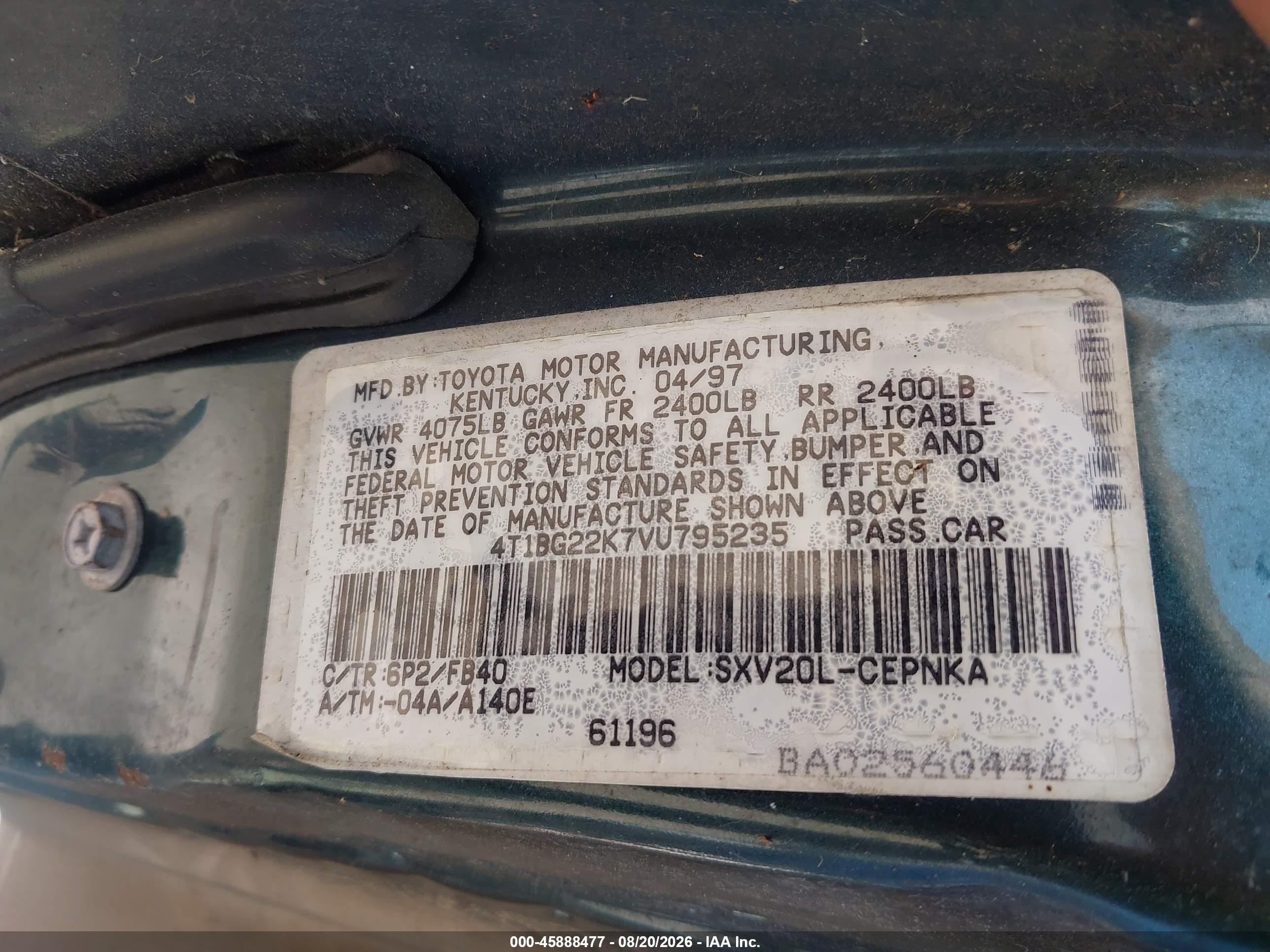 1997 Toyota Camry Le Green vin: 4T1BG22K7VU795235