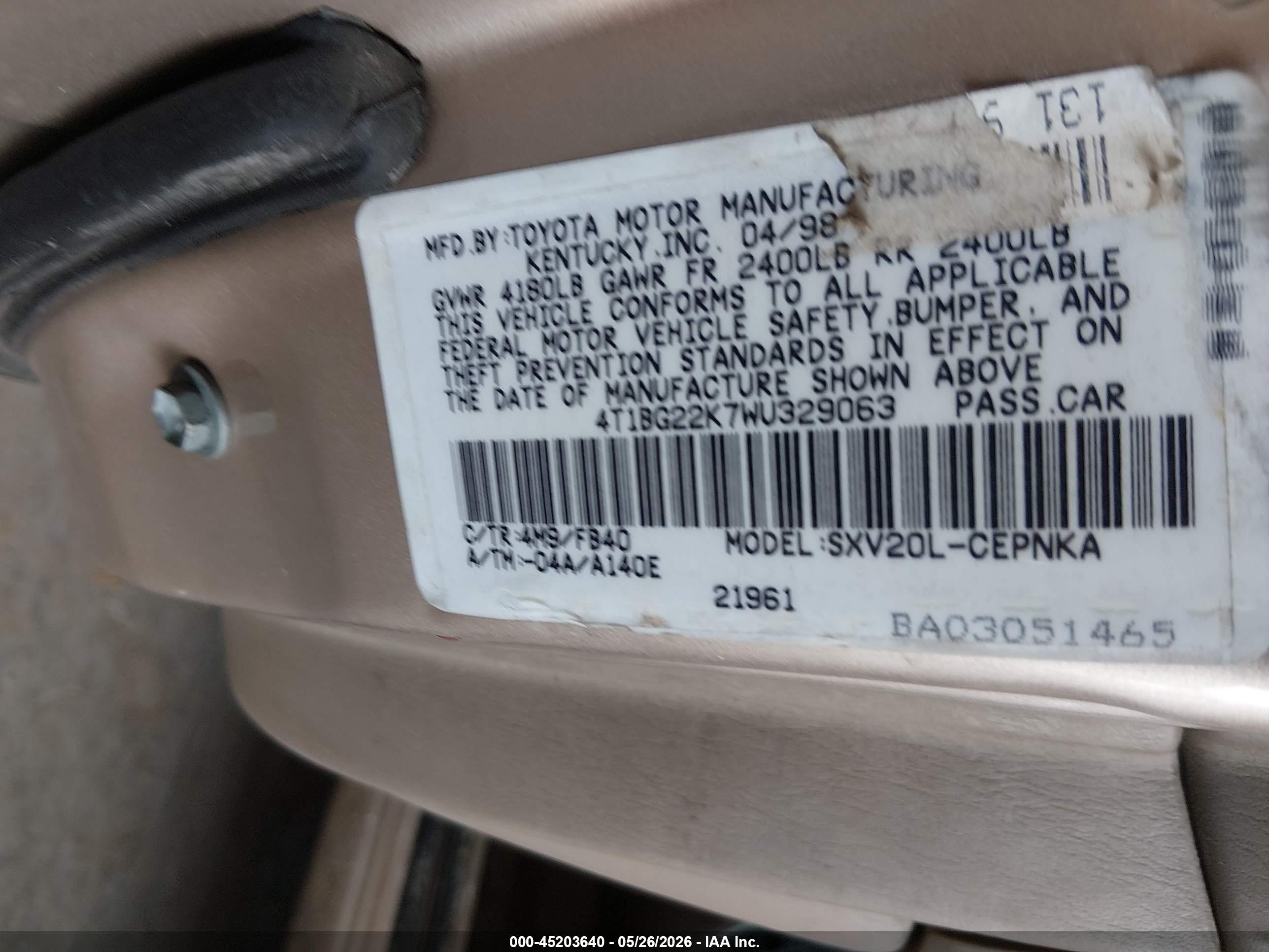 1998 Toyota Camry Le Золотой vin: 4T1BG22K7WU329063