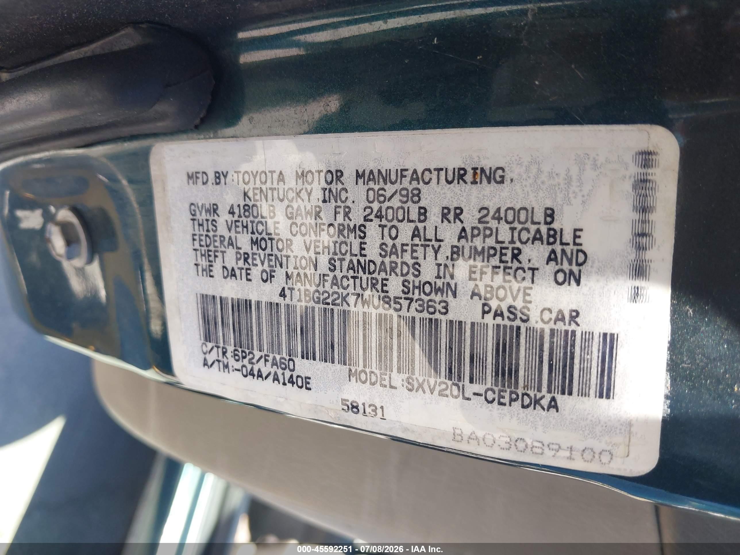 1998 Toyota Camry Ce Green vin: 4T1BG22K7WU857363