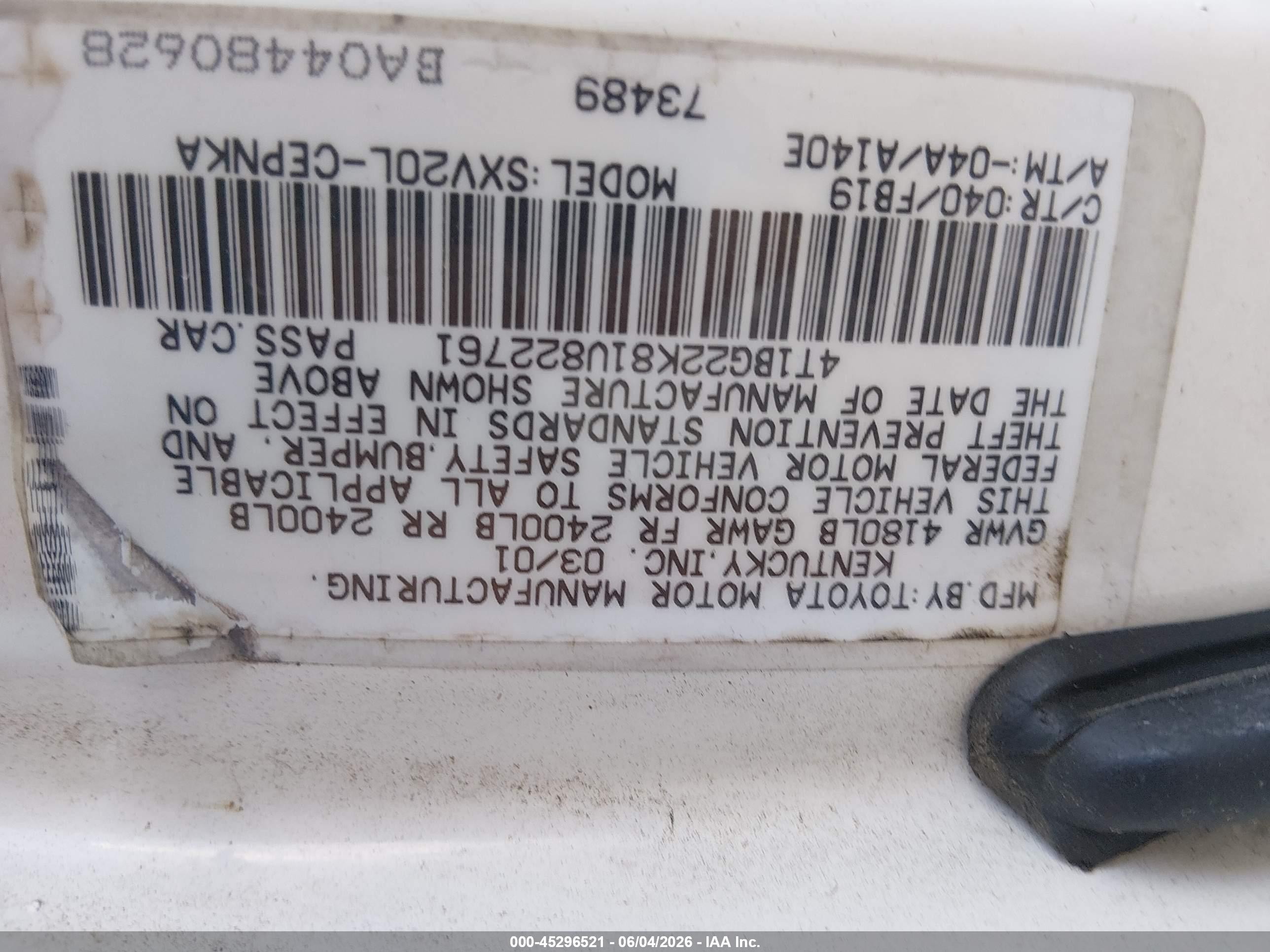 2001 Toyota Camry Le White vin: 4T1BG22K81U822761