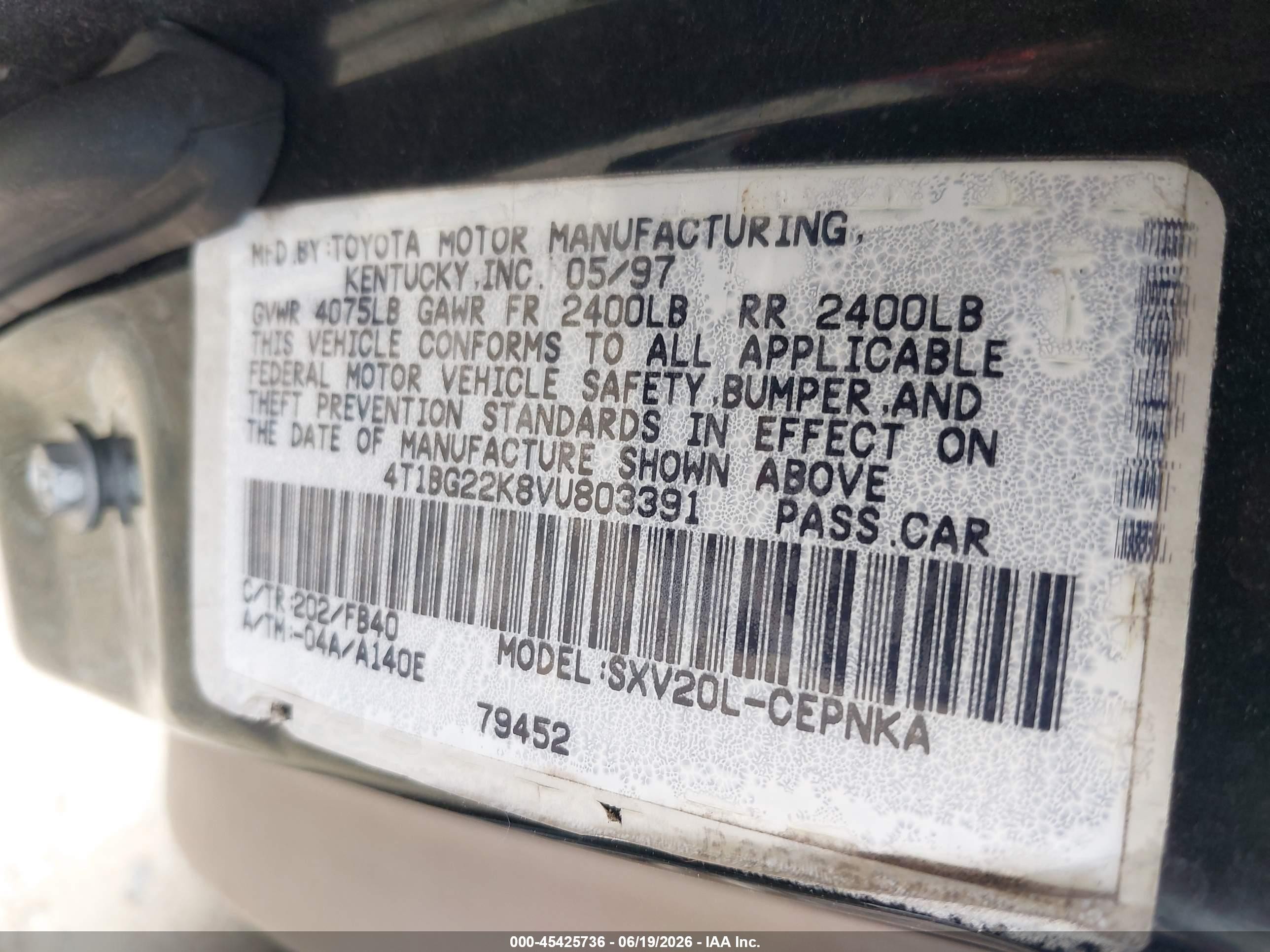 1997 Toyota Camry Le Green vin: 4T1BG22K8VU803391