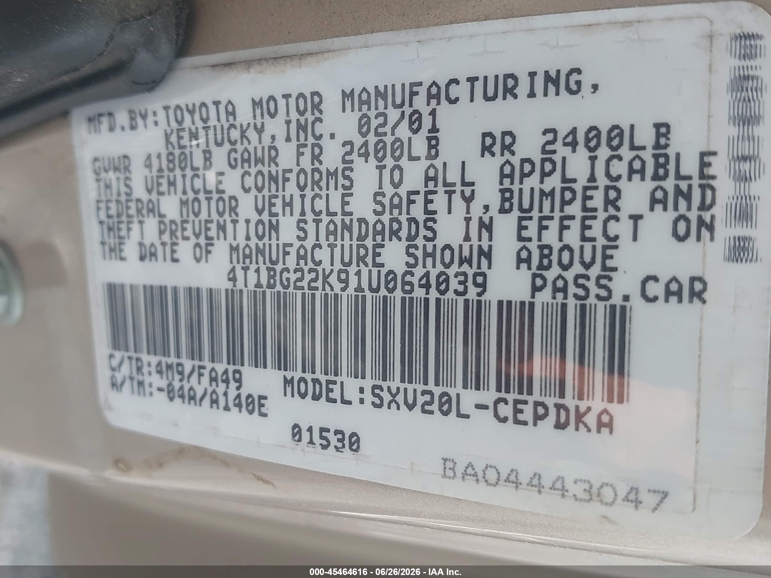 2001 Toyota Camry Ce Silver vin: 4T1BG22K91U064039