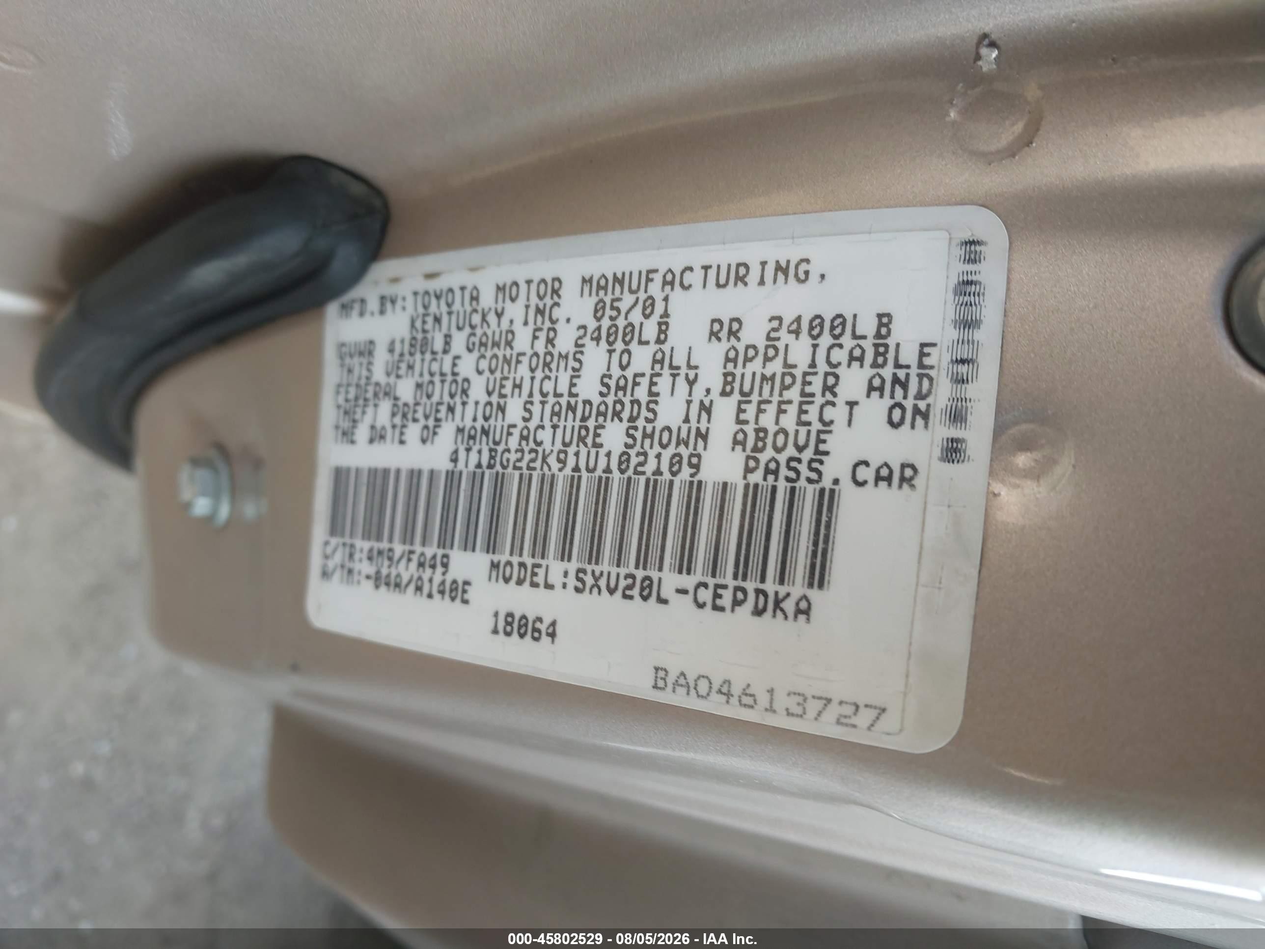 2001 Toyota Camry Ce Champagne vin: 4T1BG22K91U102109