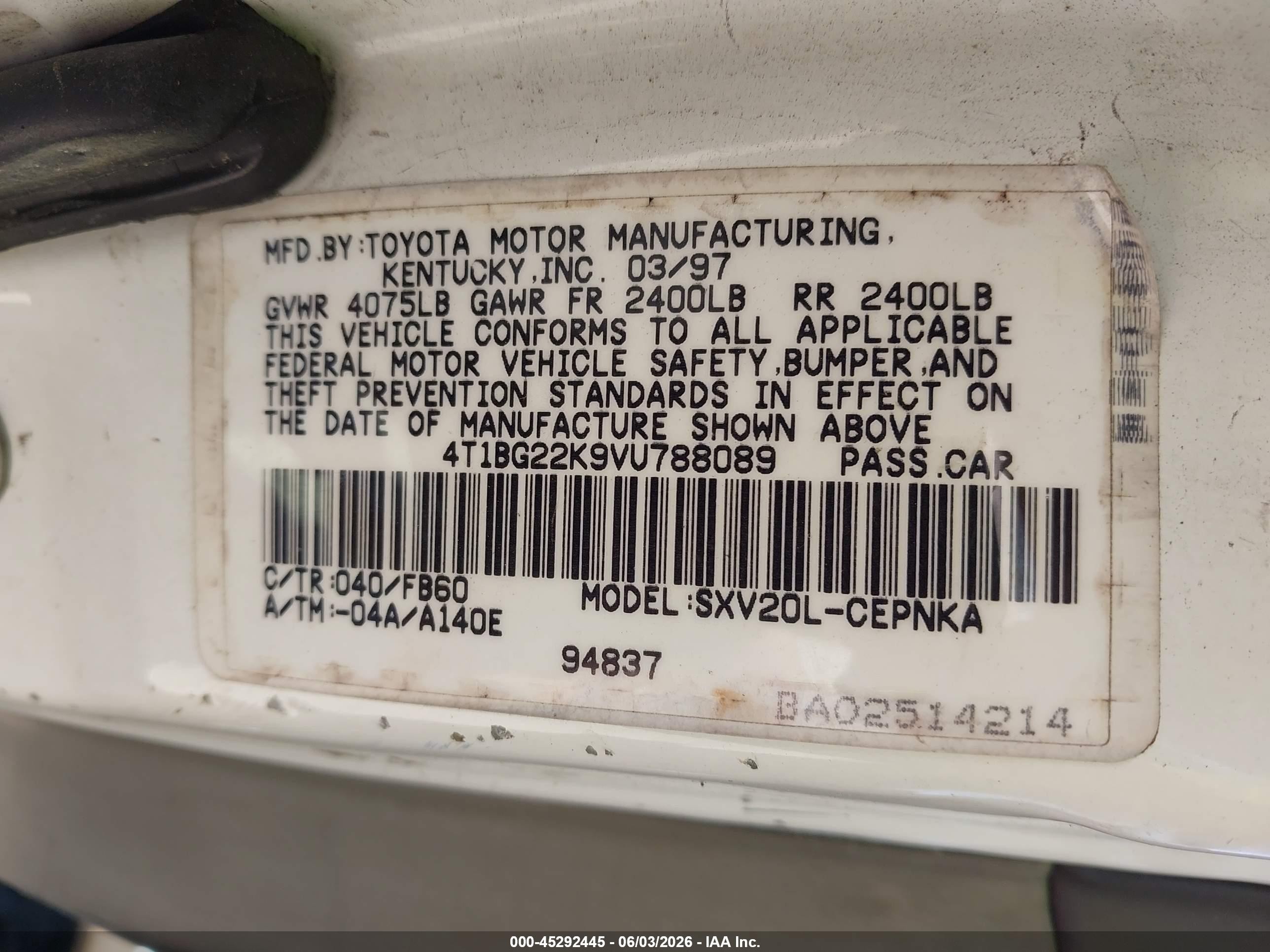 1997 Toyota Camry Le White vin: 4T1BG22K9VU788089