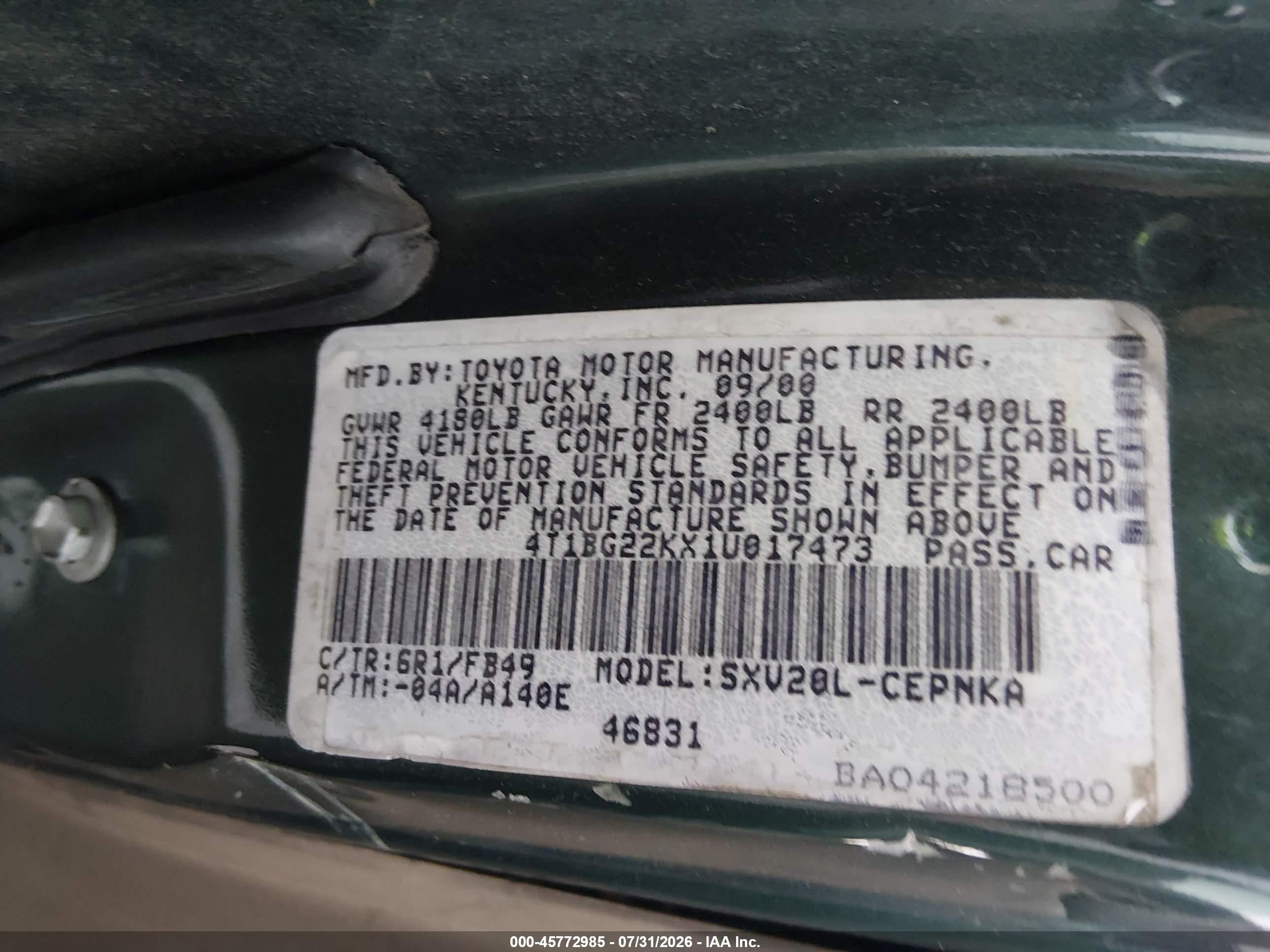 2001 Toyota Camry Le Green vin: 4T1BG22KX1U017473