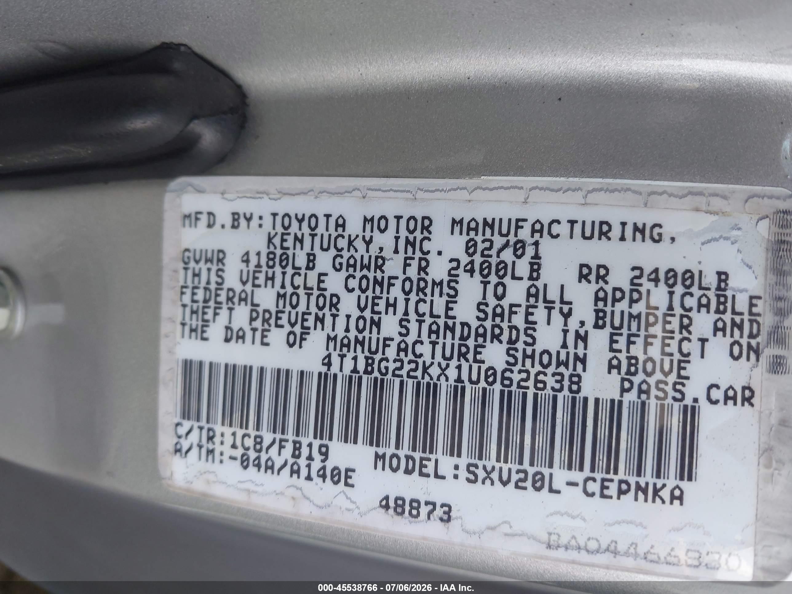 2001 Toyota Camry Le Silver vin: 4T1BG22KX1U062638