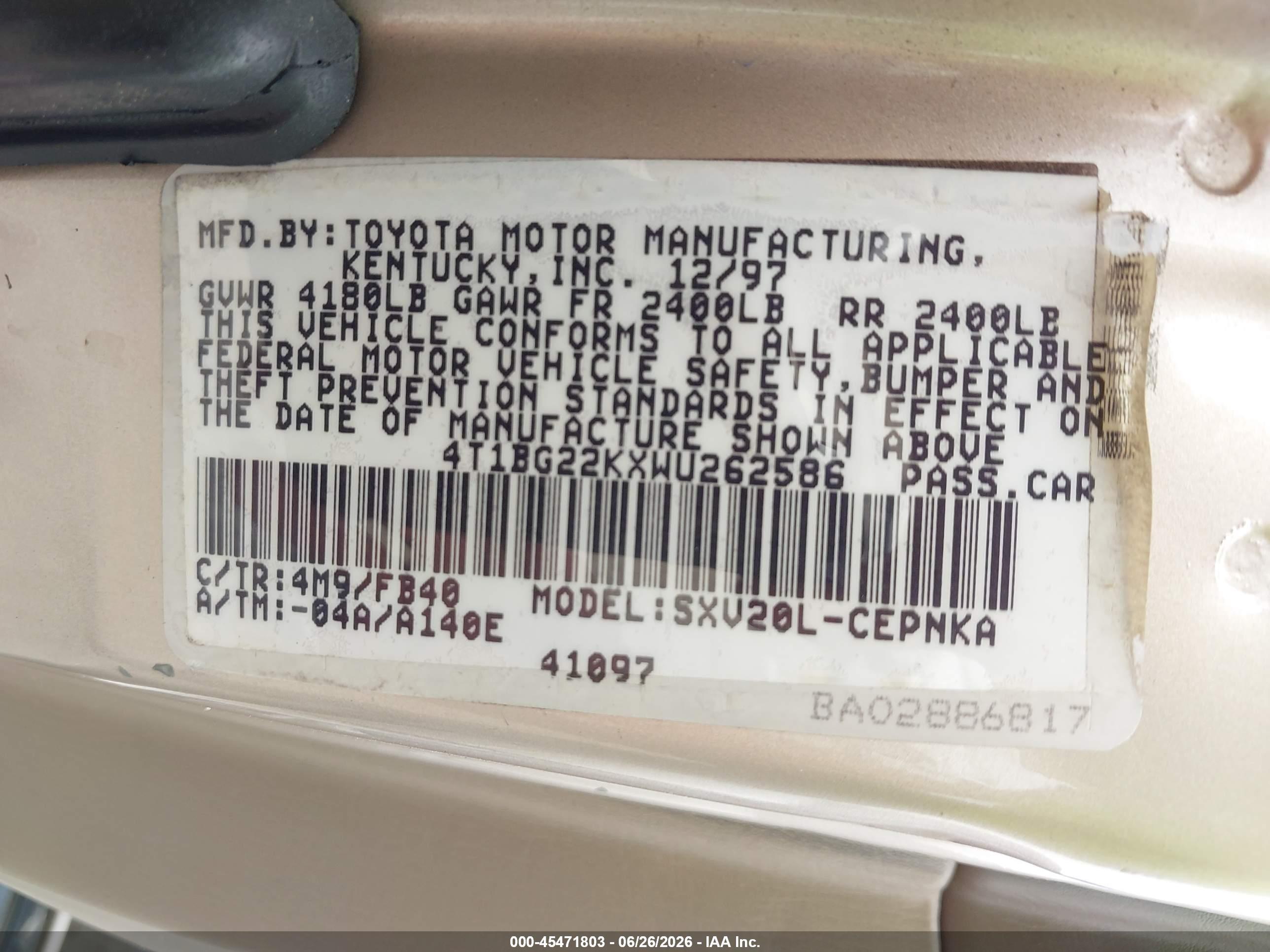 1998 Toyota Camry Le Brown vin: 4T1BG22KXWU262586