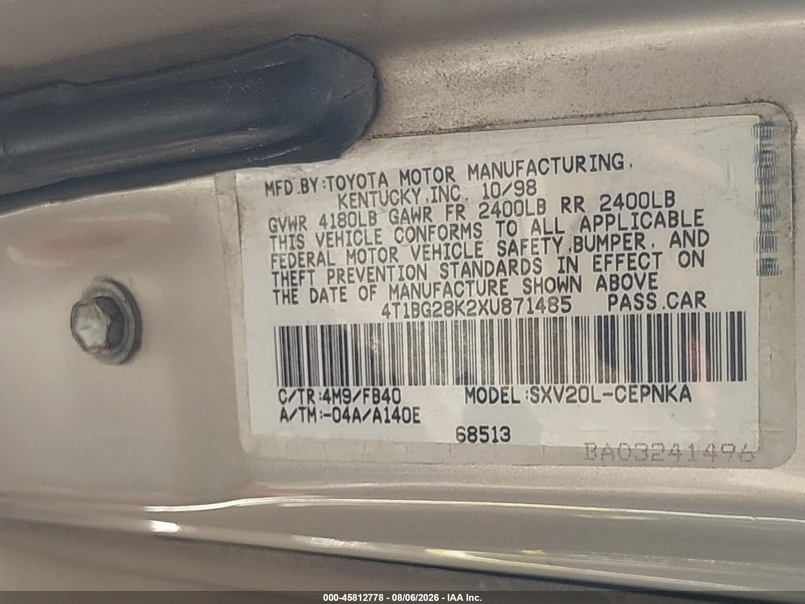 1999 Toyota Camry Le Silver vin: 4T1BG28K2XU871485