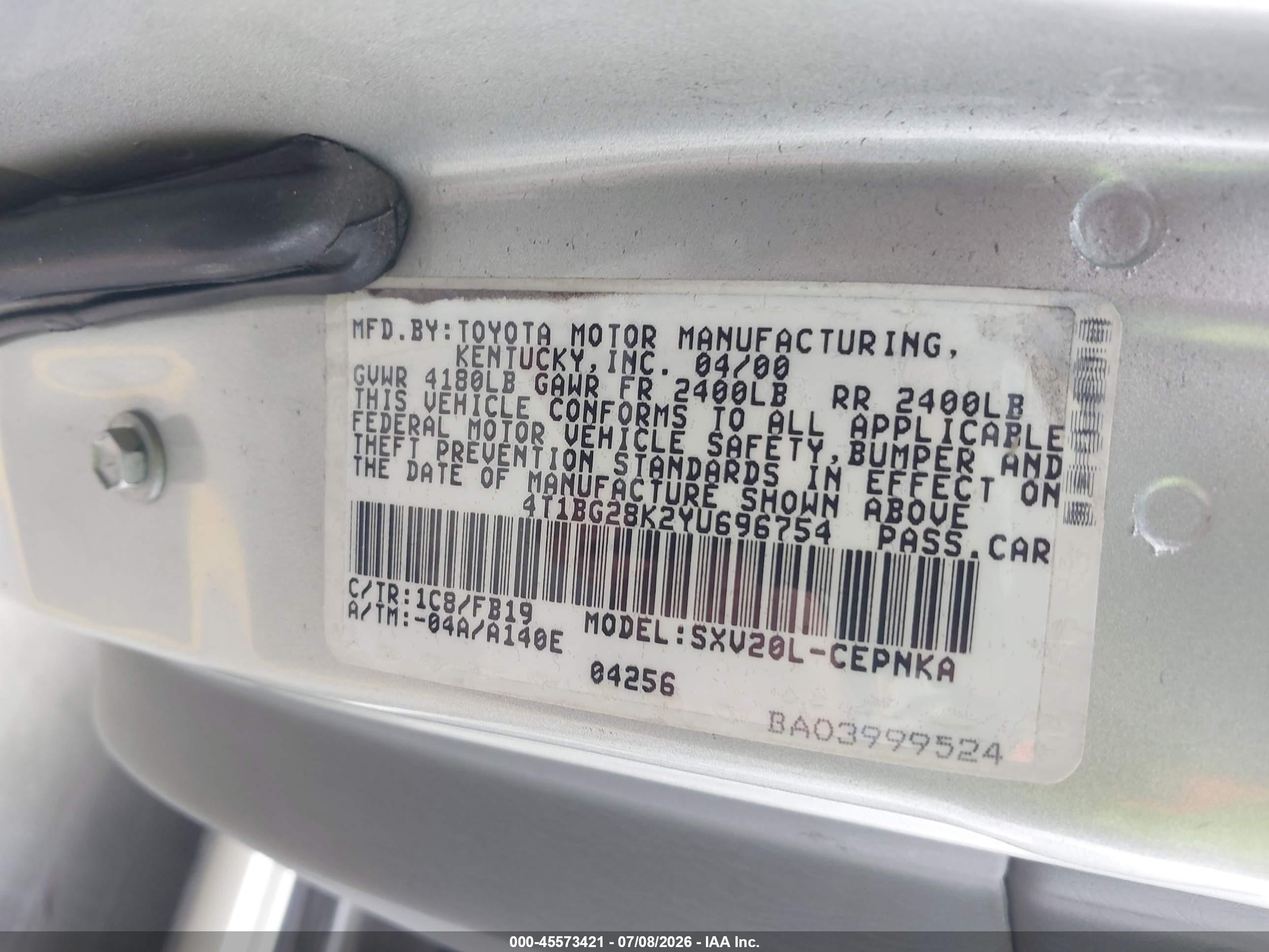 2000 Toyota Camry Le Gray vin: 4T1BG28K2YU696754