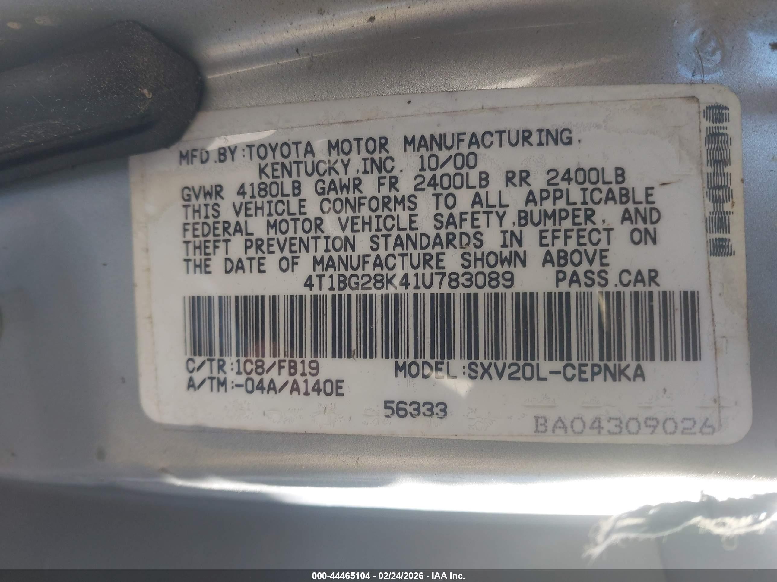 2001 Toyota Camry Le Silver vin: 4T1BG28K41U783089