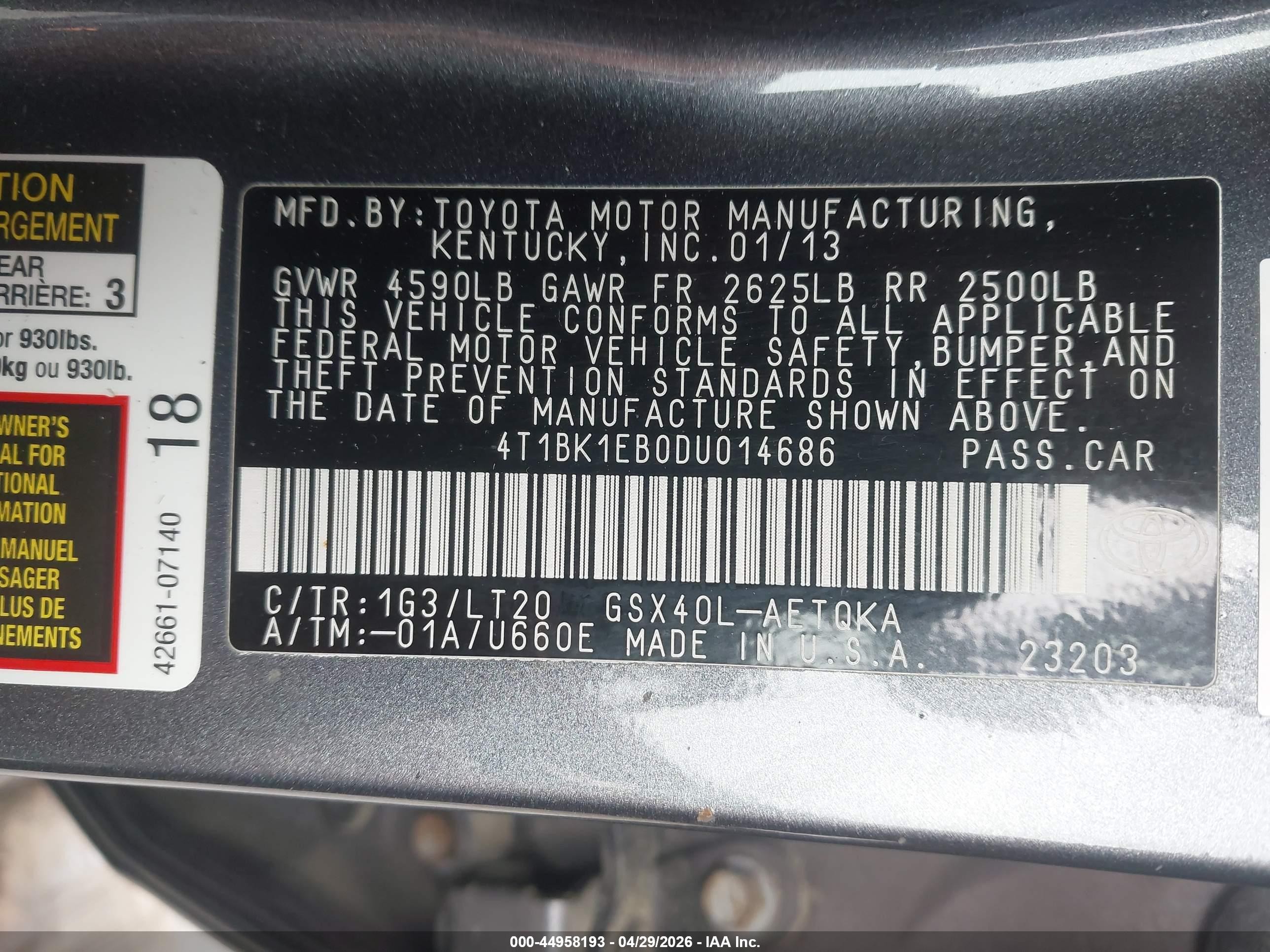 2013 Toyota Avalon Xle Touring Gray vin: 4T1BK1EB0DU014686