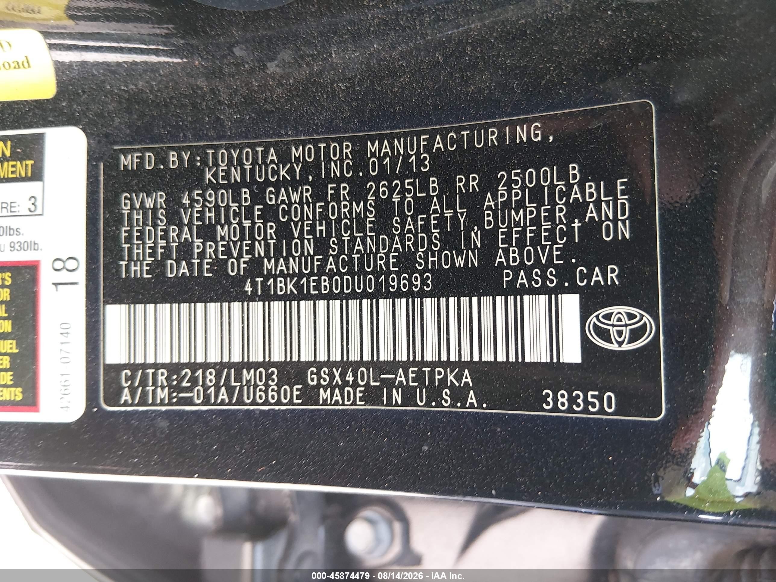 2013 Toyota Avalon Limited Черный vin: 4T1BK1EB0DU019693