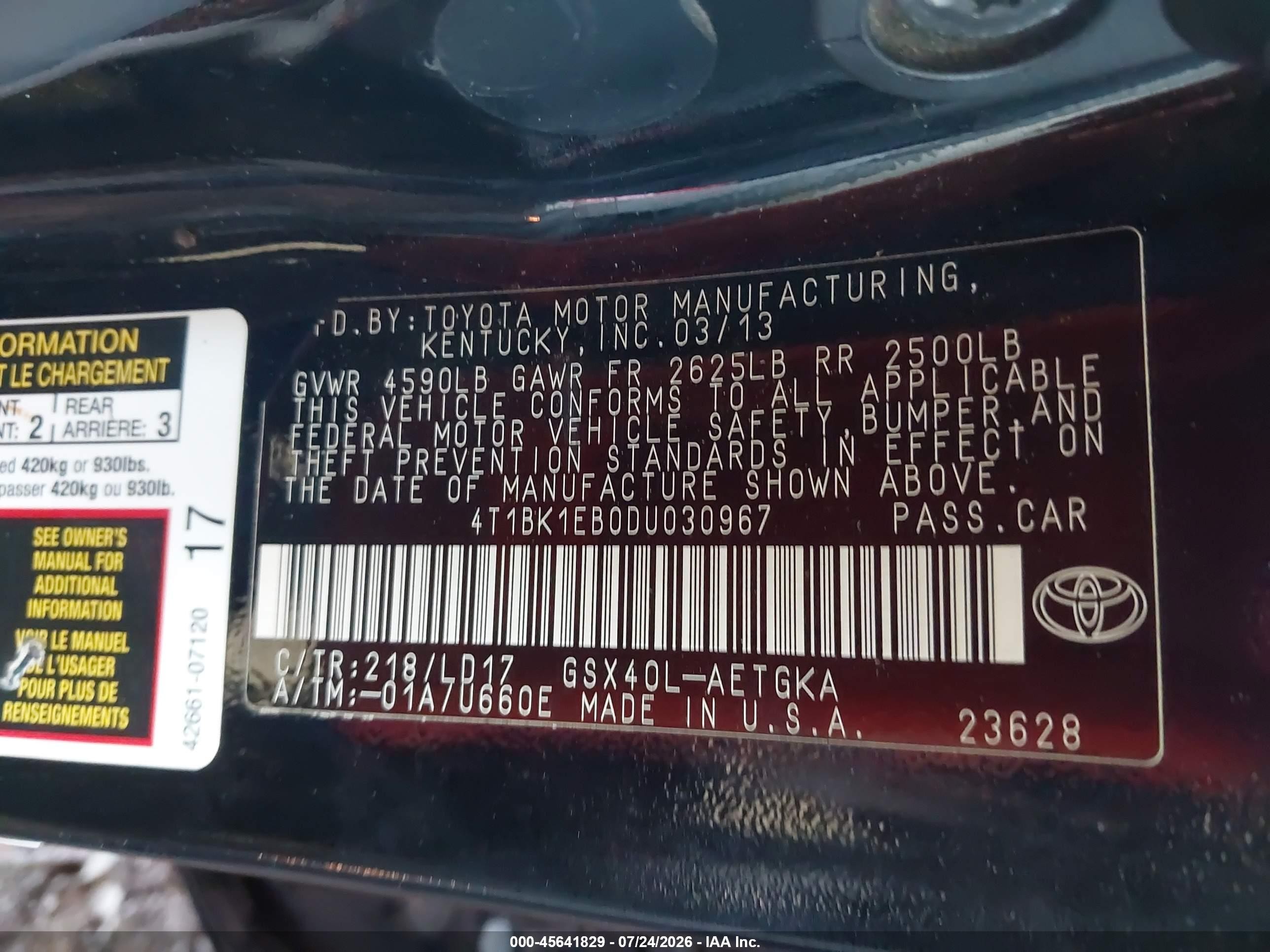 2013 Toyota Avalon Xle Black vin: 4T1BK1EB0DU030967