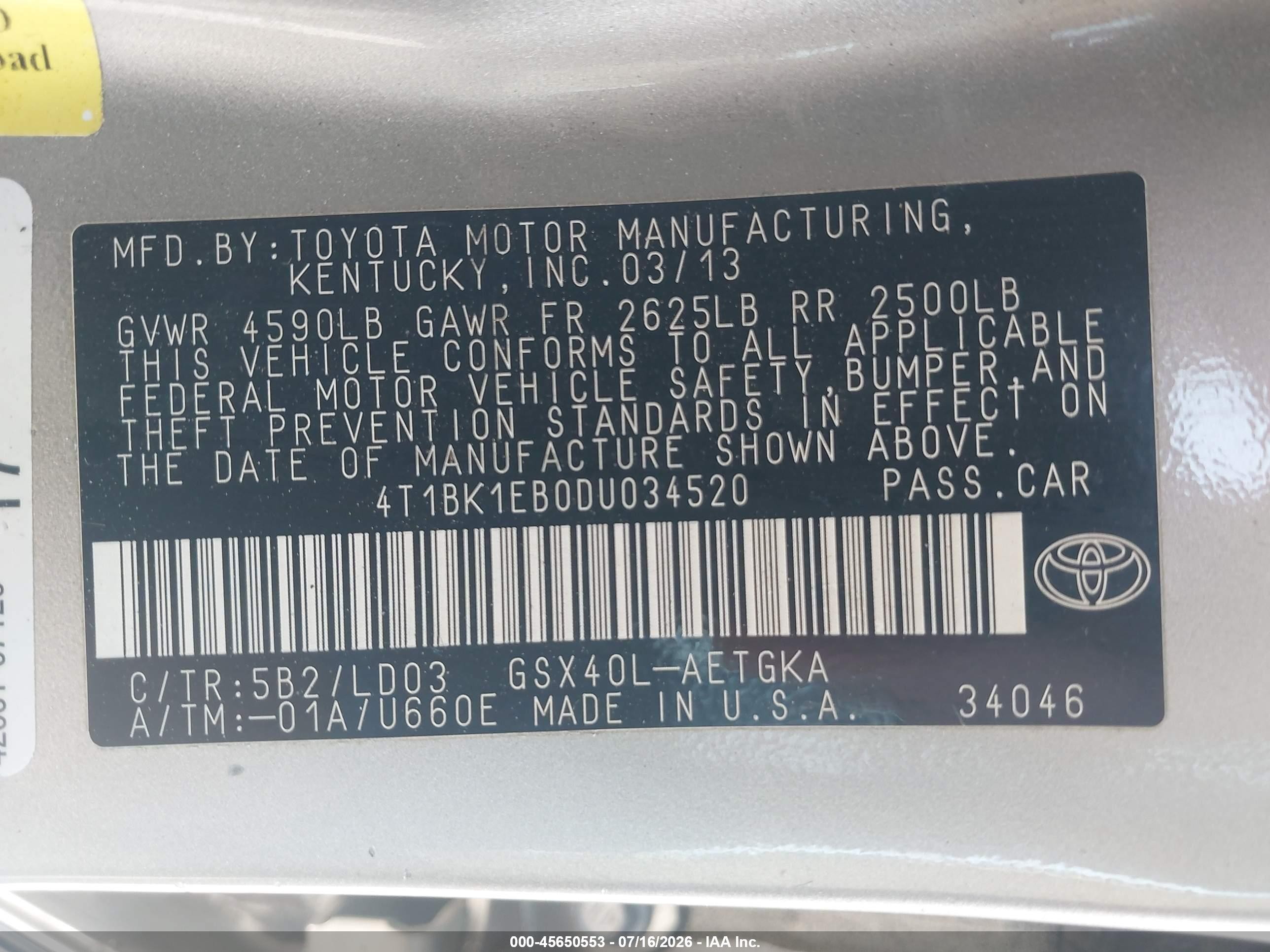 2013 Toyota Avalon Xle Silver vin: 4T1BK1EB0DU034520