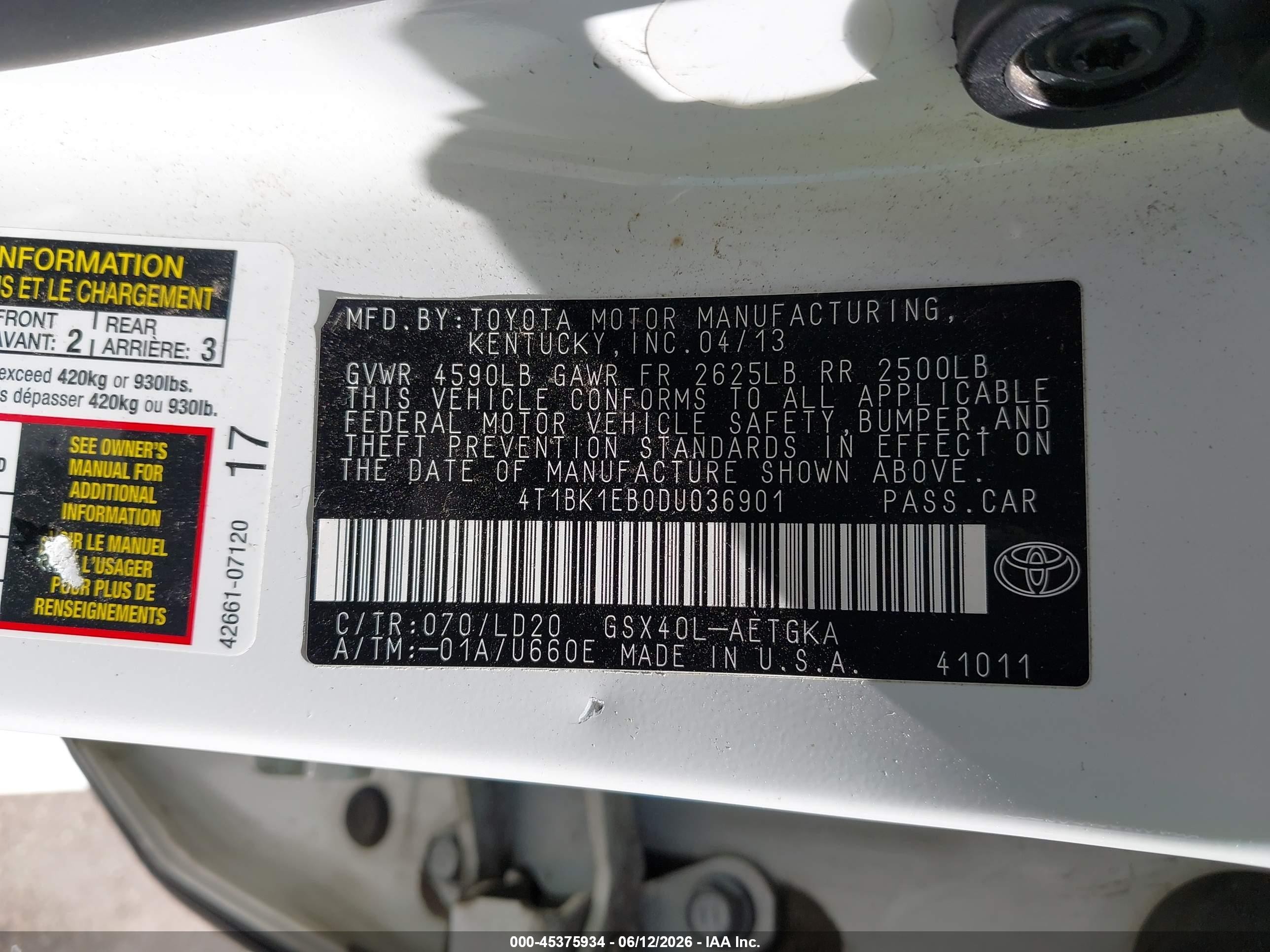2013 Toyota Avalon Xle Белый vin: 4T1BK1EB0DU036901
